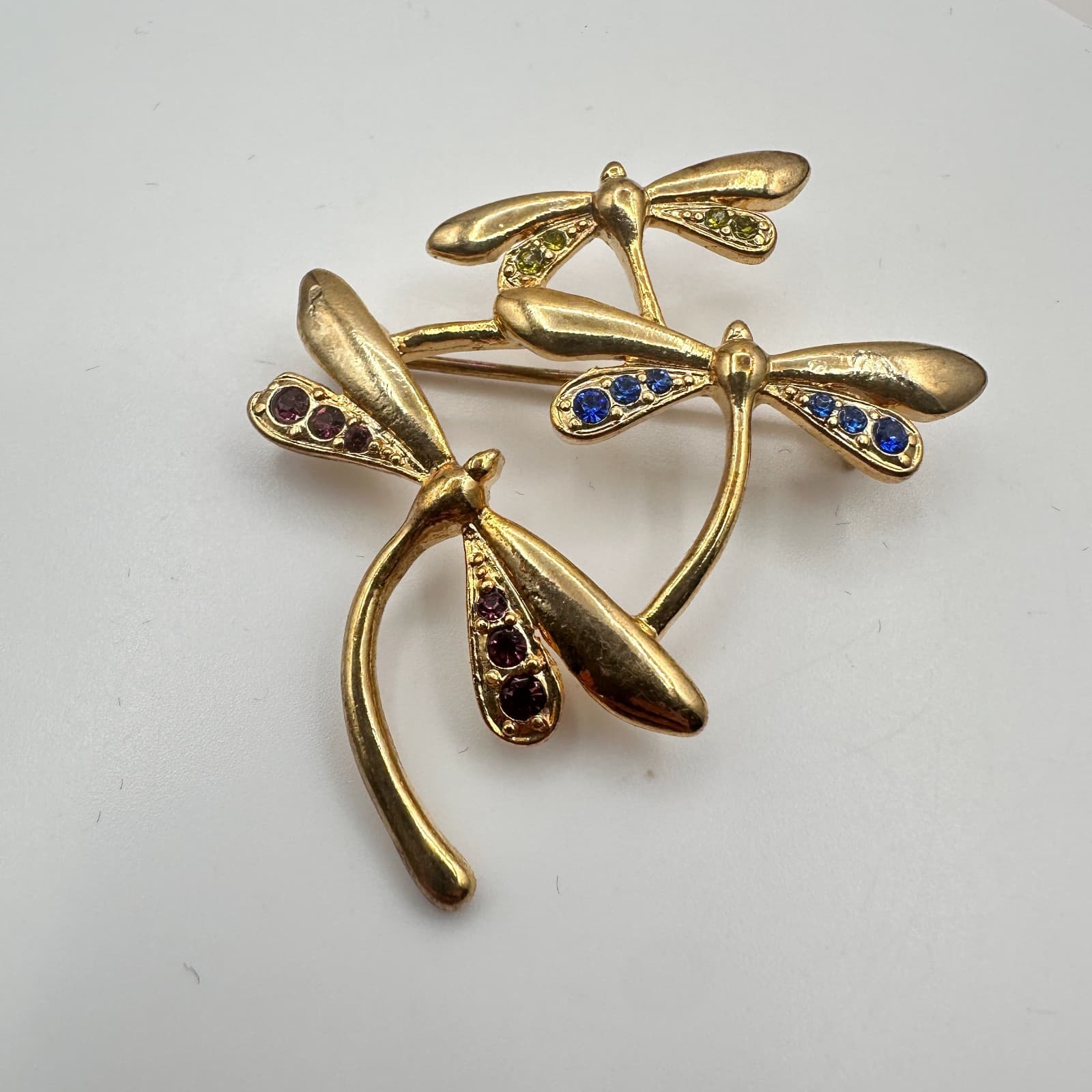 Vintage 90s Gold Tone Triple Dragonfly Brooch Glass Accents Fashion Jewelry - Thumbnail 4