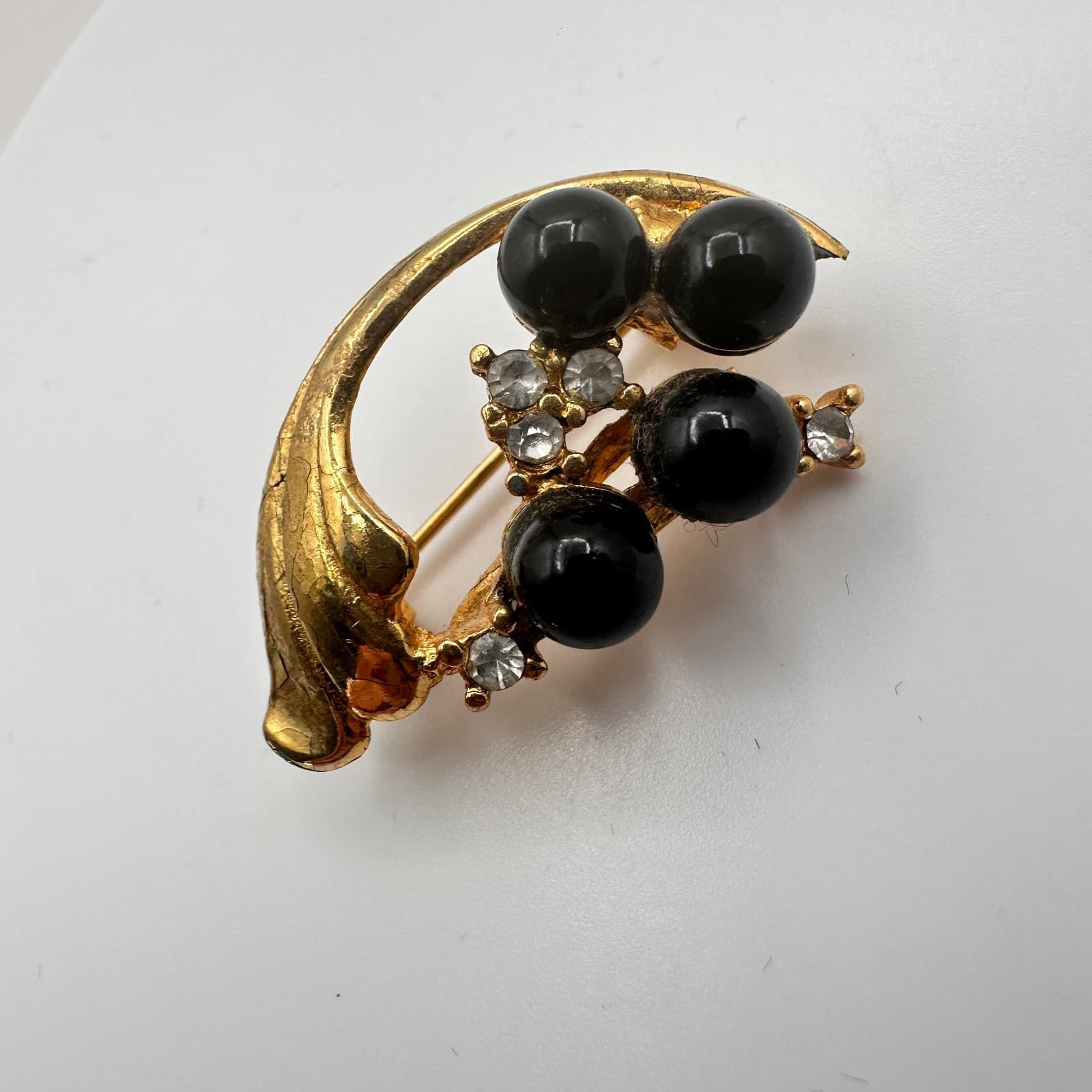 Vintage 90s Gold Tone Black Beaded Rhinestone Brooch Pin Women's Classic Jewelry - Thumbnail 4