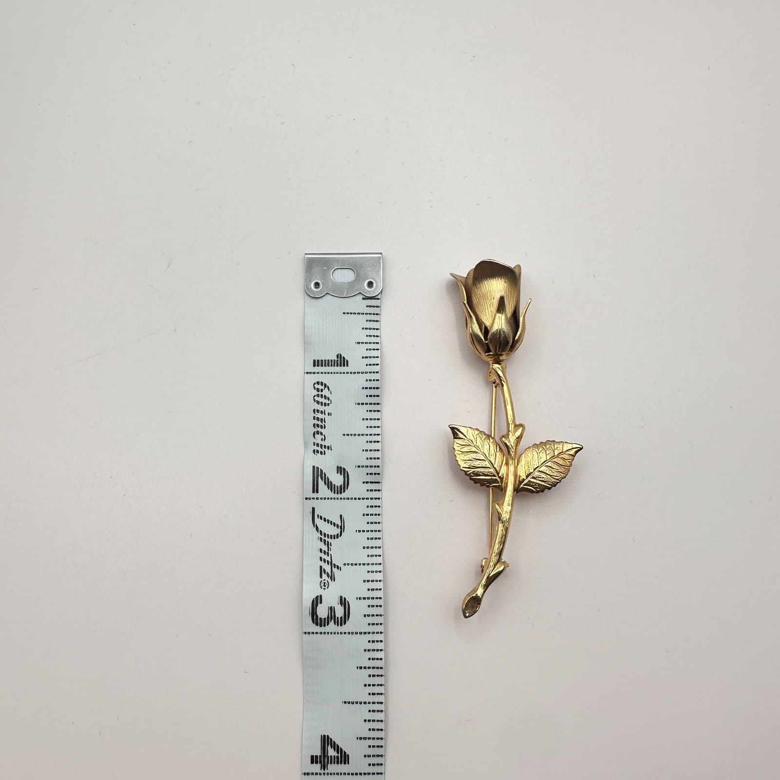 Vintage 90s Gold Tone Textured Long Stem Rose Flower Brooch Pin Romantic Jewelry - Thumbnail 8