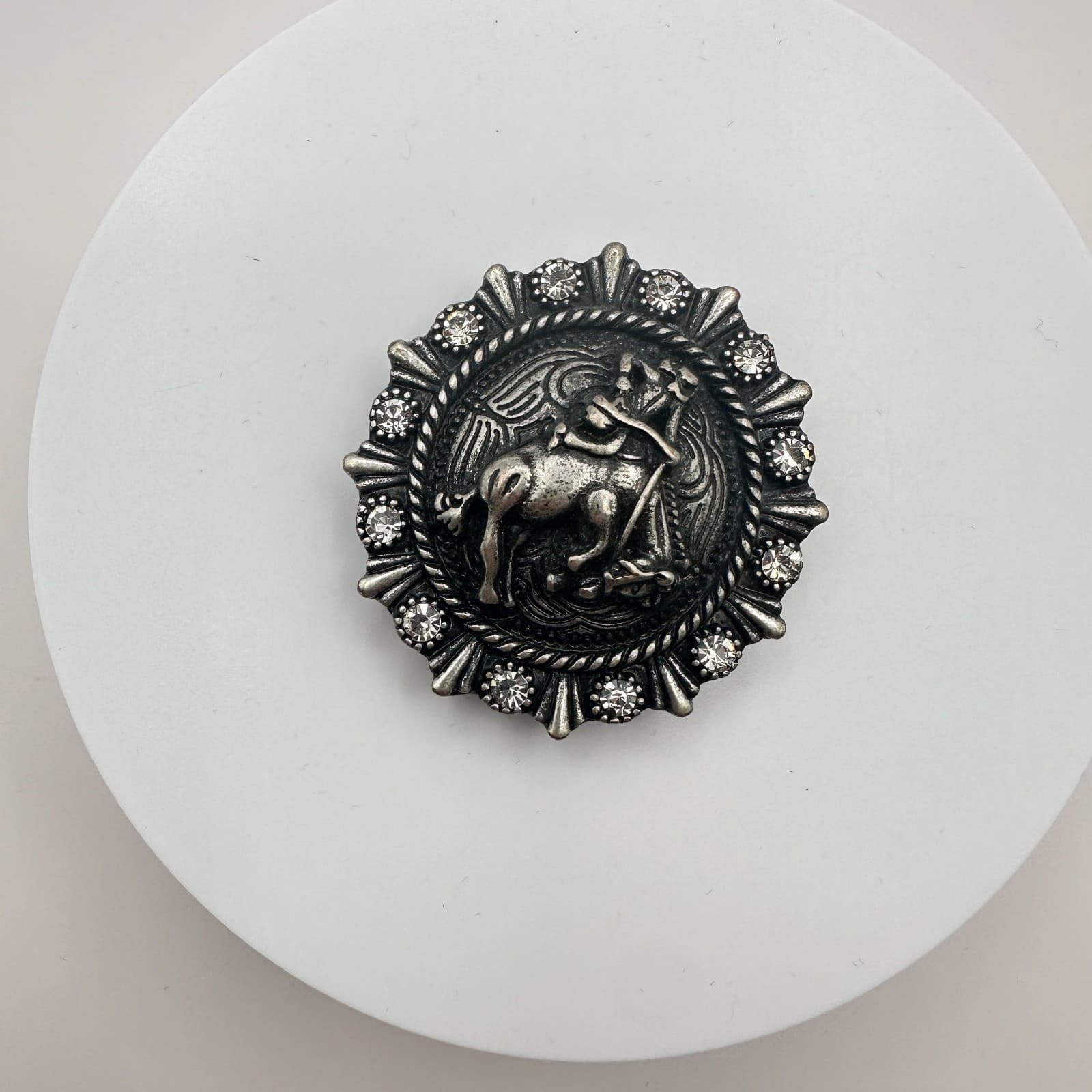 Vintage 90s Silver Tone Cowboy Rider Rhinestone Brooch Pin Classic Jewelry - Thumbnail 3