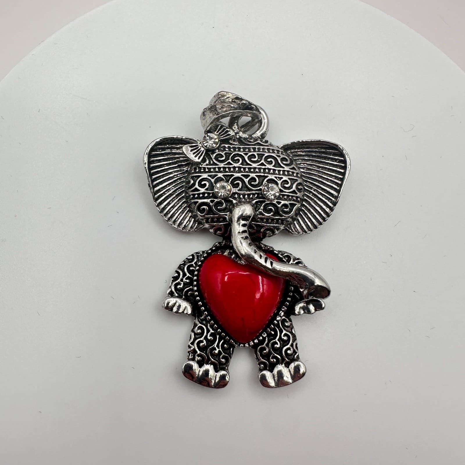 Vintage 90s Silver Tone Elephant Red Heart Rhinestone Pendant Women's Jewelry - Thumbnail 3