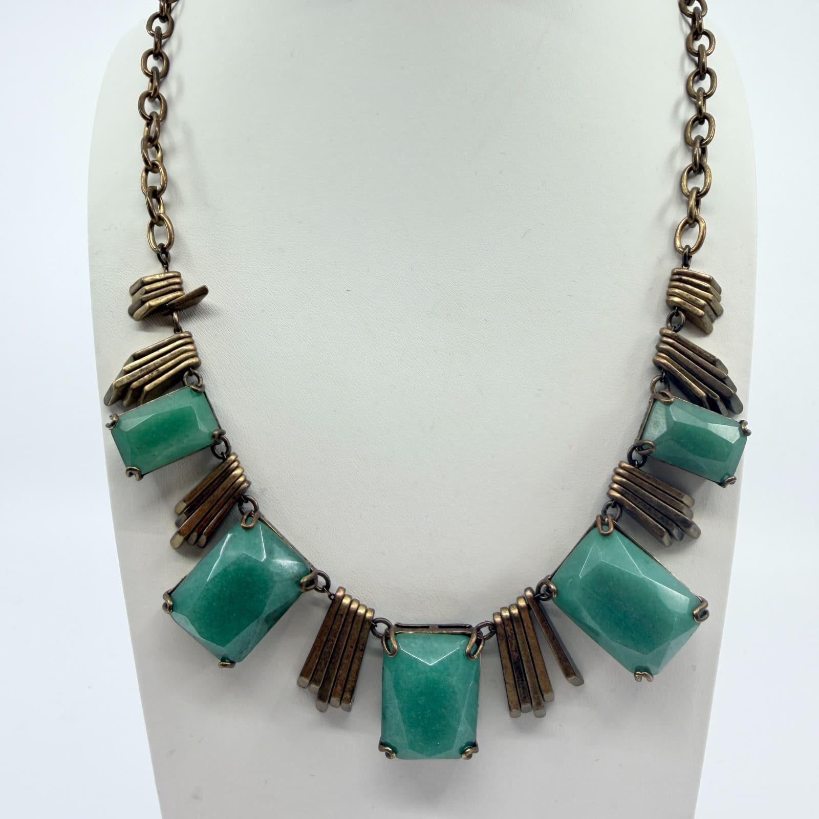 Vintage Brass Tone Geometric Bib Necklace Faux Jade Green Faceted Stone Boho 90s - Thumbnail 2