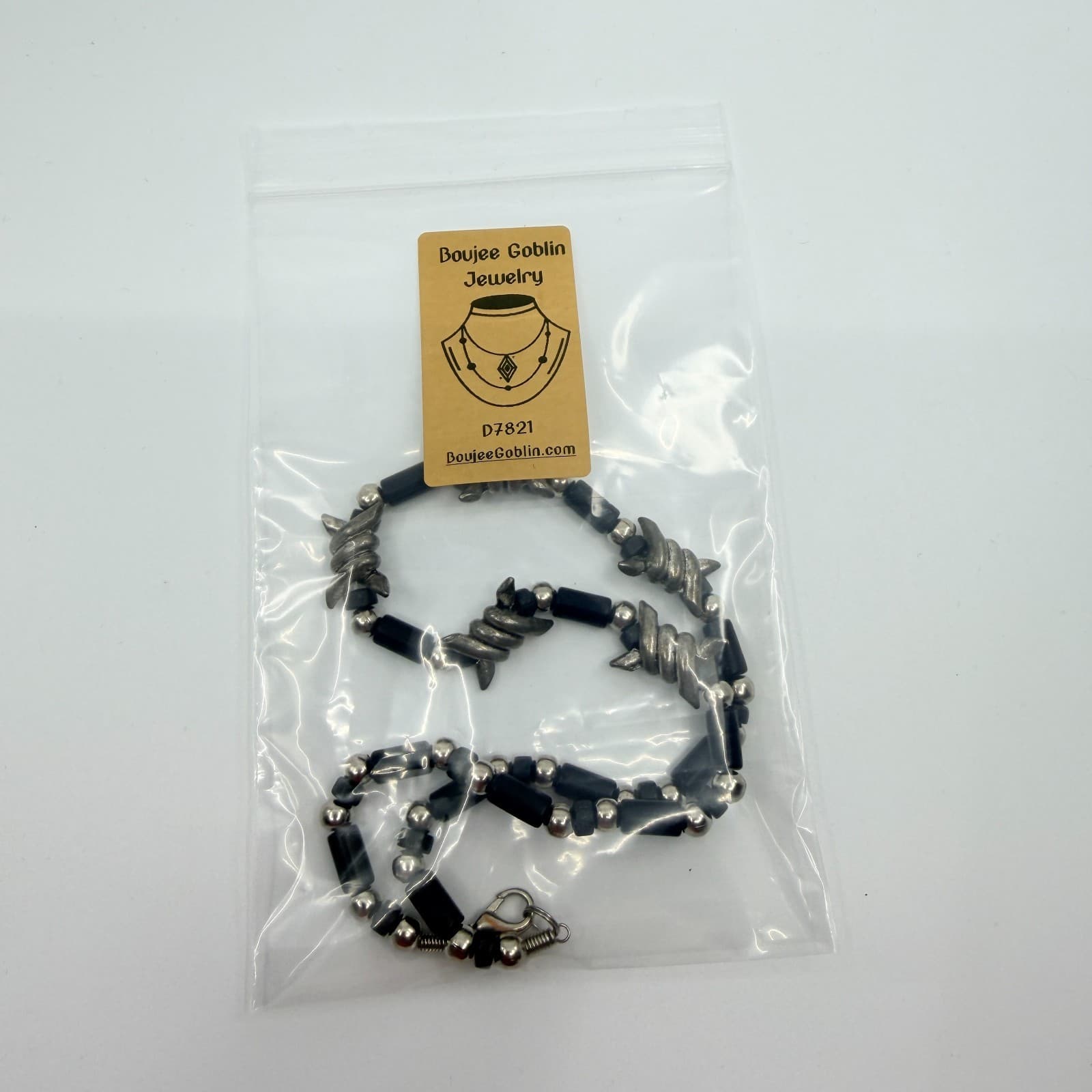 Vintage Silver Tone Barbed Wire Accent Necklace Black Tube Bead Chunky Goth Boho - Thumbnail 10