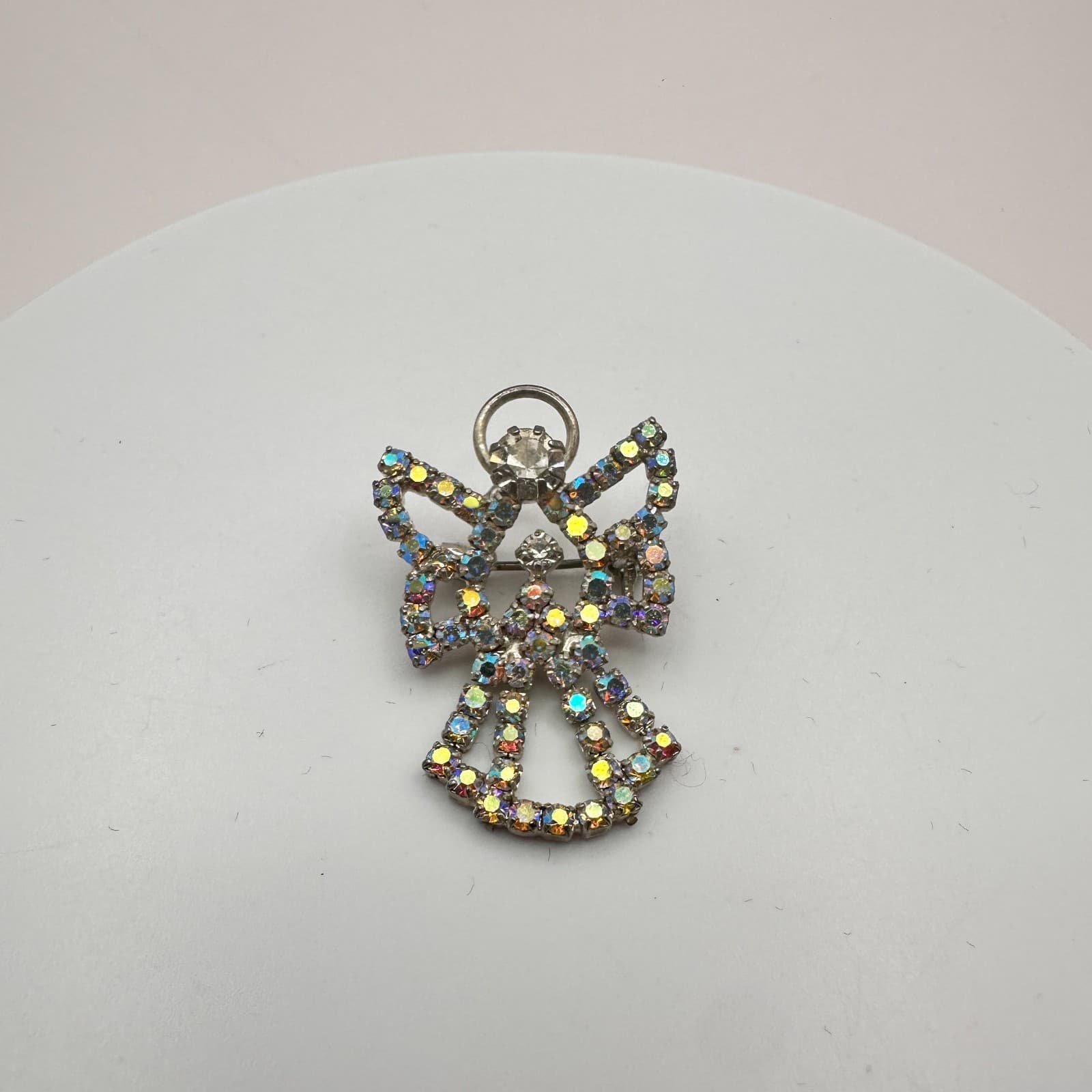 Vintage 90s Silver Tone Angel Brooch Pin Aurora Borealis Glass Fashion Jewelry - Thumbnail 4