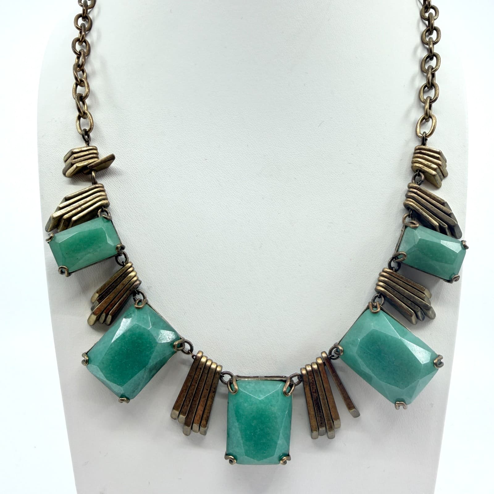 Vintage Brass Tone Geometric Bib Necklace Faux Jade Green Faceted Stone Boho 90s