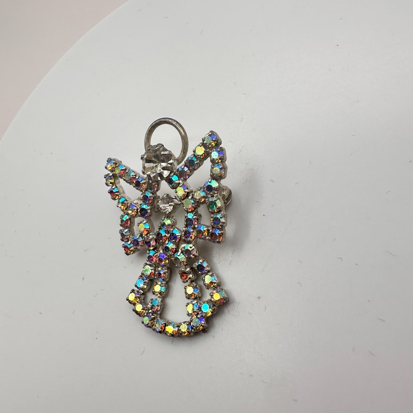 Vintage 90s Silver Tone Angel Brooch Pin Aurora Borealis Glass Fashion Jewelry - Thumbnail 6