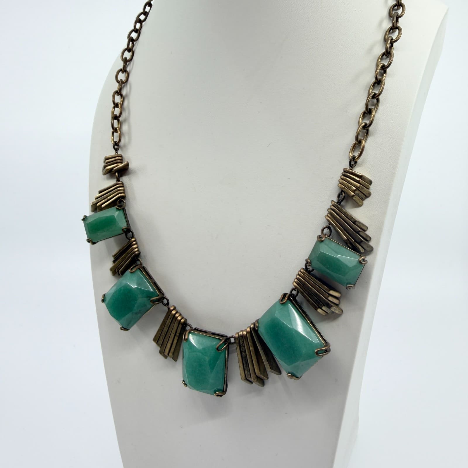 Vintage Brass Tone Geometric Bib Necklace Faux Jade Green Faceted Stone Boho 90s - Thumbnail 5