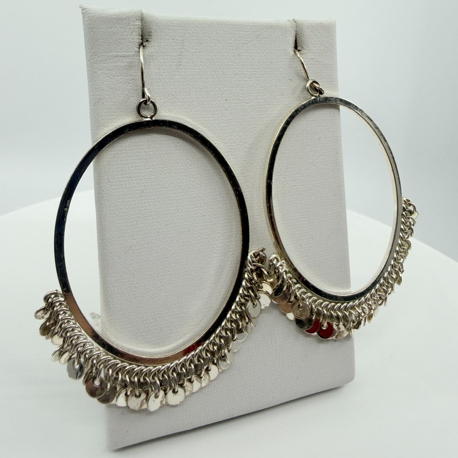 Vintage Silver Tone Large Hoop Earrings Dangle Coin Shimmer Fringe Statement 90s - Thumbnail 2