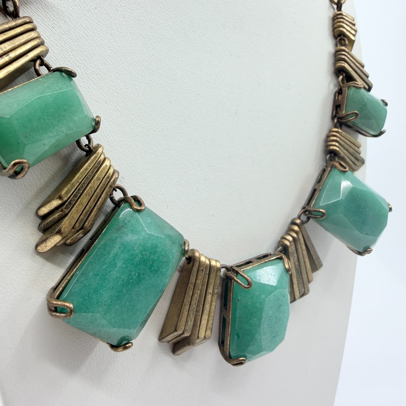 Vintage Brass Tone Geometric Bib Necklace Faux Jade Green Faceted Stone Boho 90s - Thumbnail 4