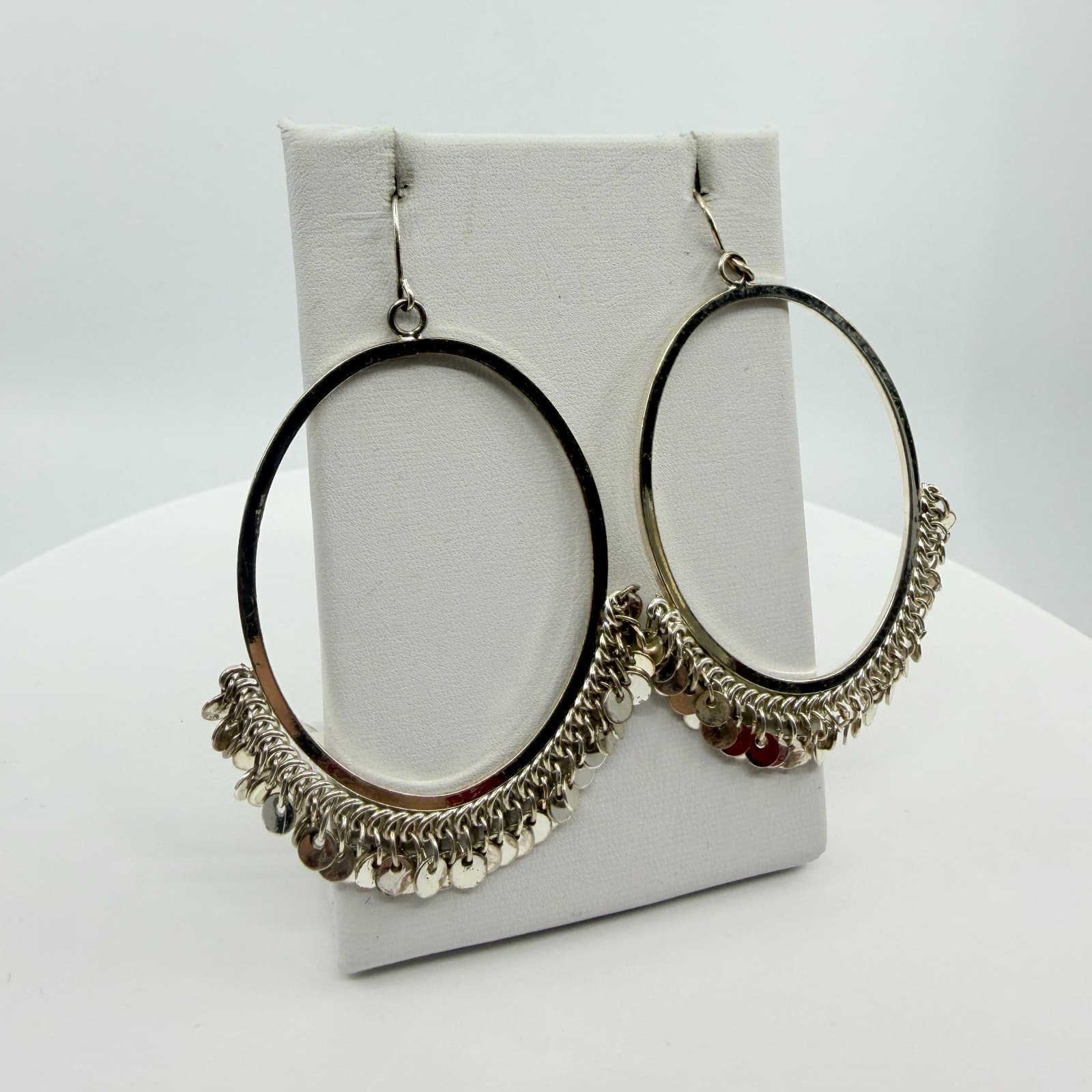 Vintage Silver Tone Large Hoop Earrings Dangle Coin Shimmer Fringe Statement 90s - Thumbnail 3