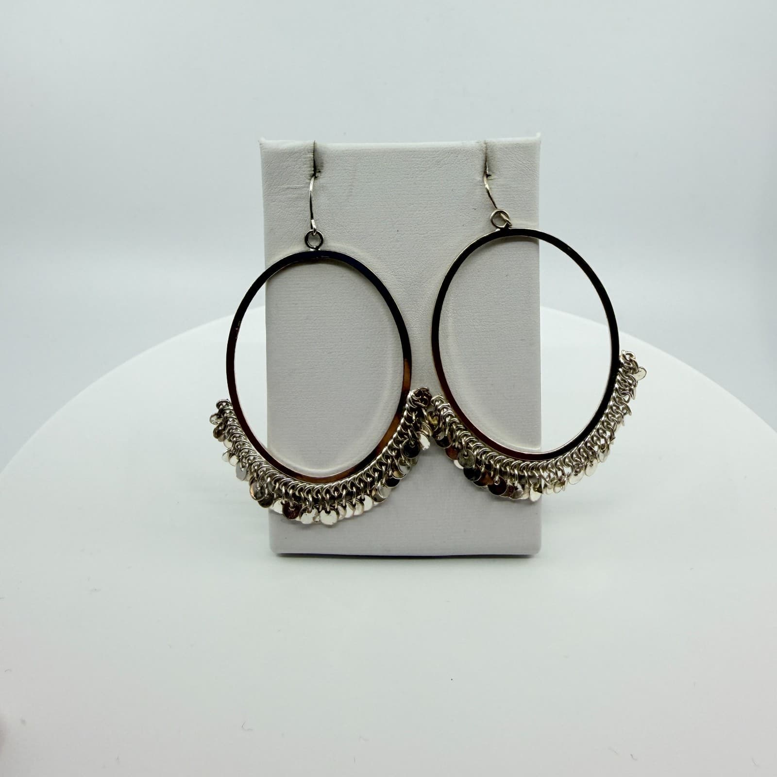 Vintage Silver Tone Large Hoop Earrings Dangle Coin Shimmer Fringe Statement 90s - Thumbnail 6