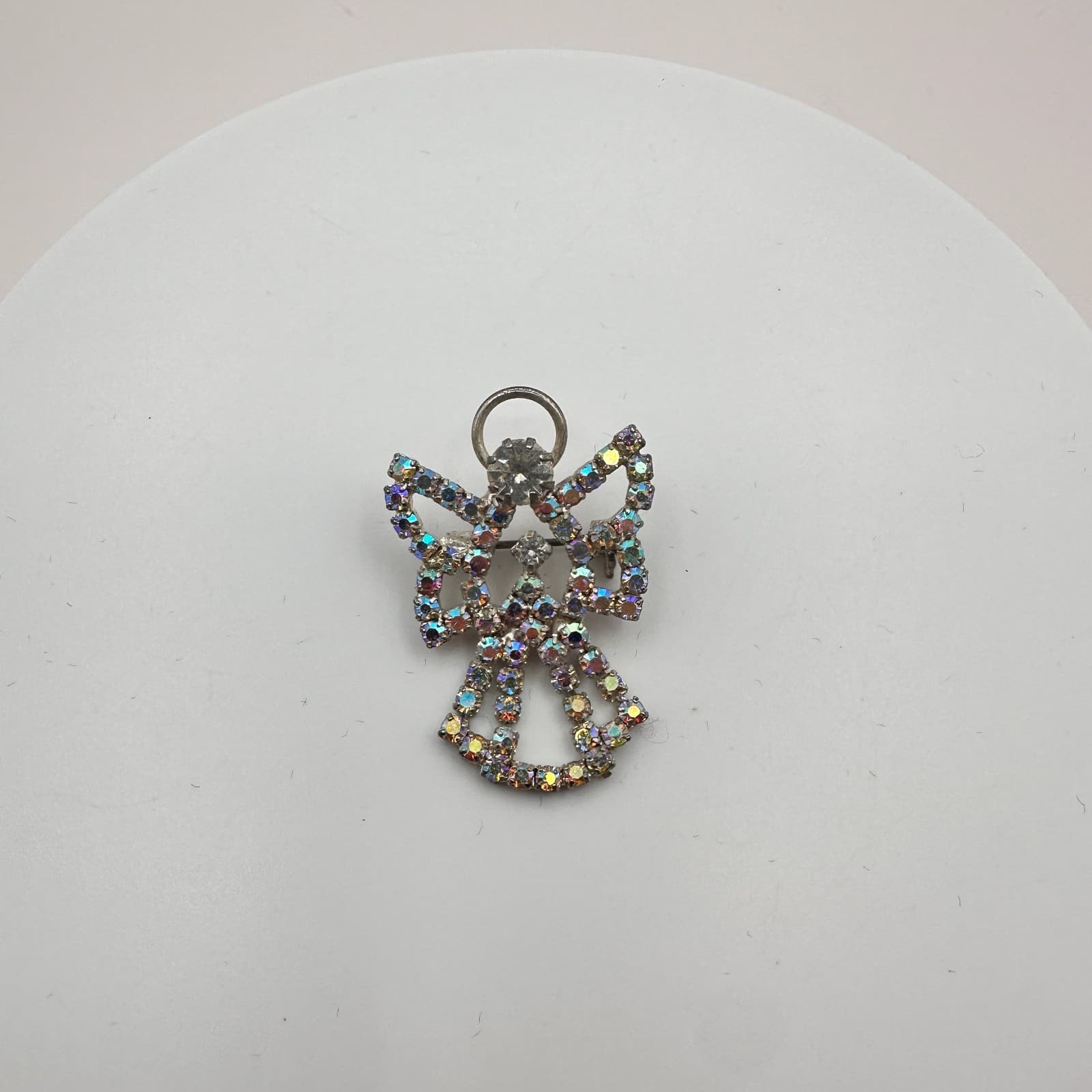 Vintage 90s Silver Tone Angel Brooch Pin Aurora Borealis Glass Fashion Jewelry - Thumbnail 3