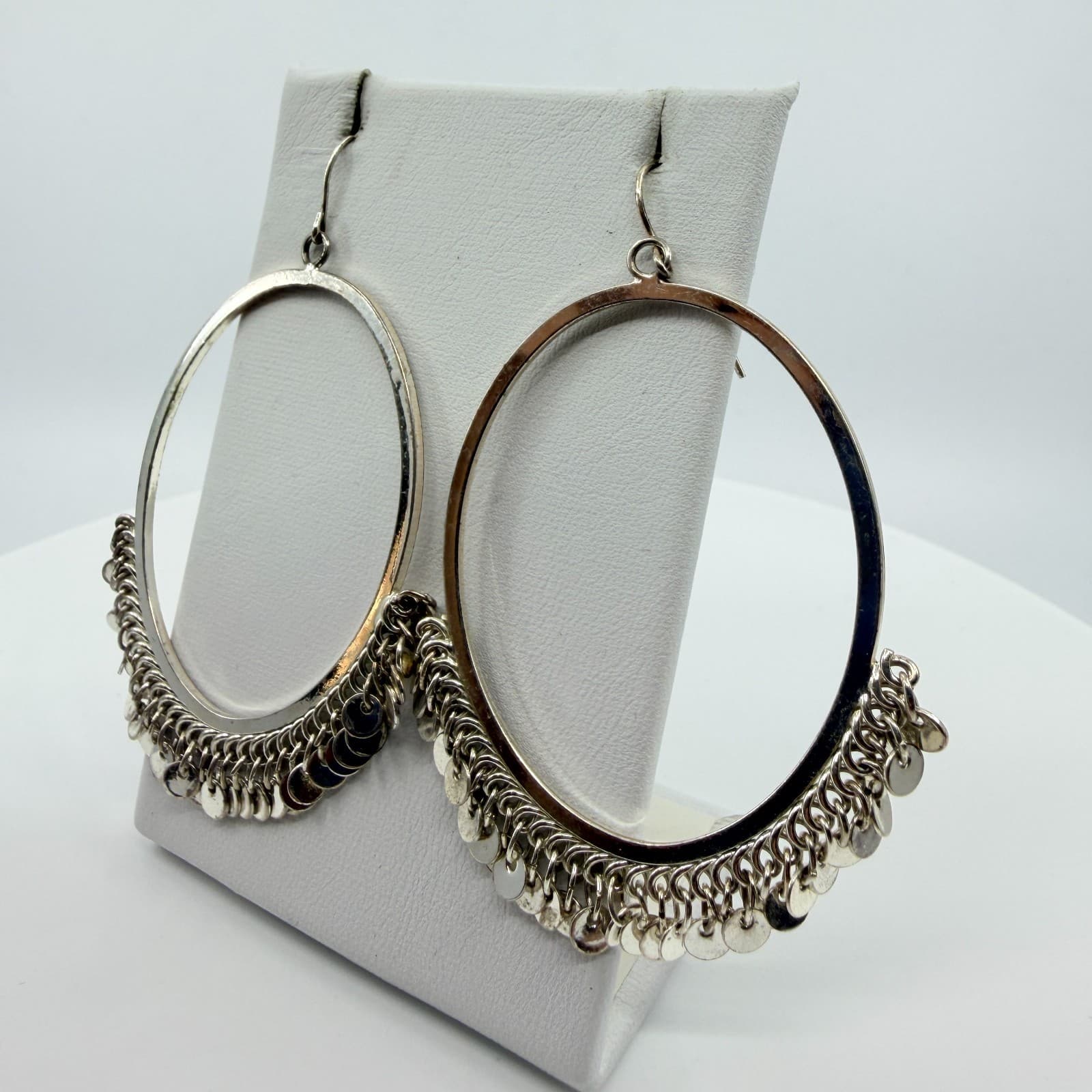 Vintage Silver Tone Large Hoop Earrings Dangle Coin Shimmer Fringe Statement 90s - Thumbnail 4