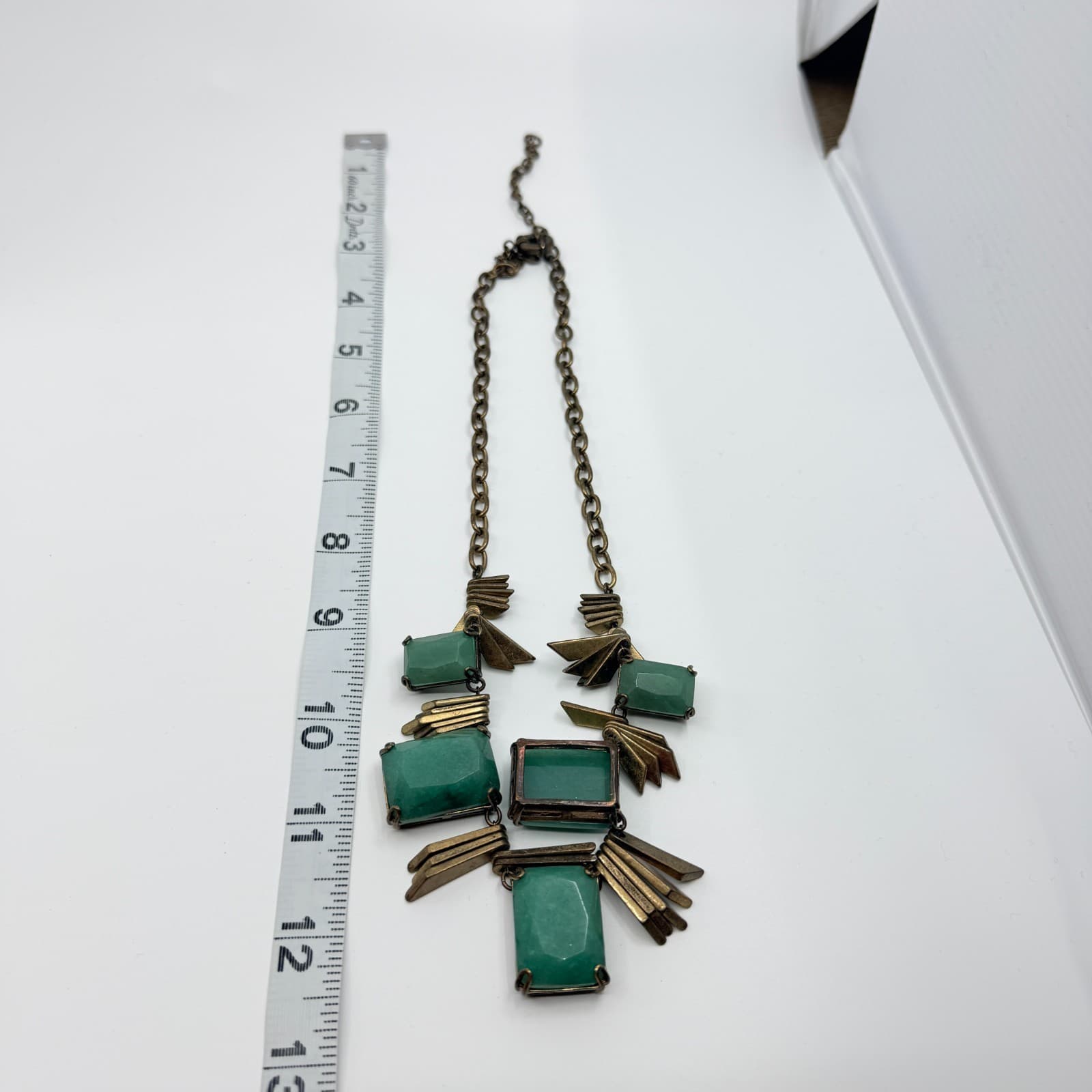 Vintage Brass Tone Geometric Bib Necklace Faux Jade Green Faceted Stone Boho 90s - Thumbnail 8
