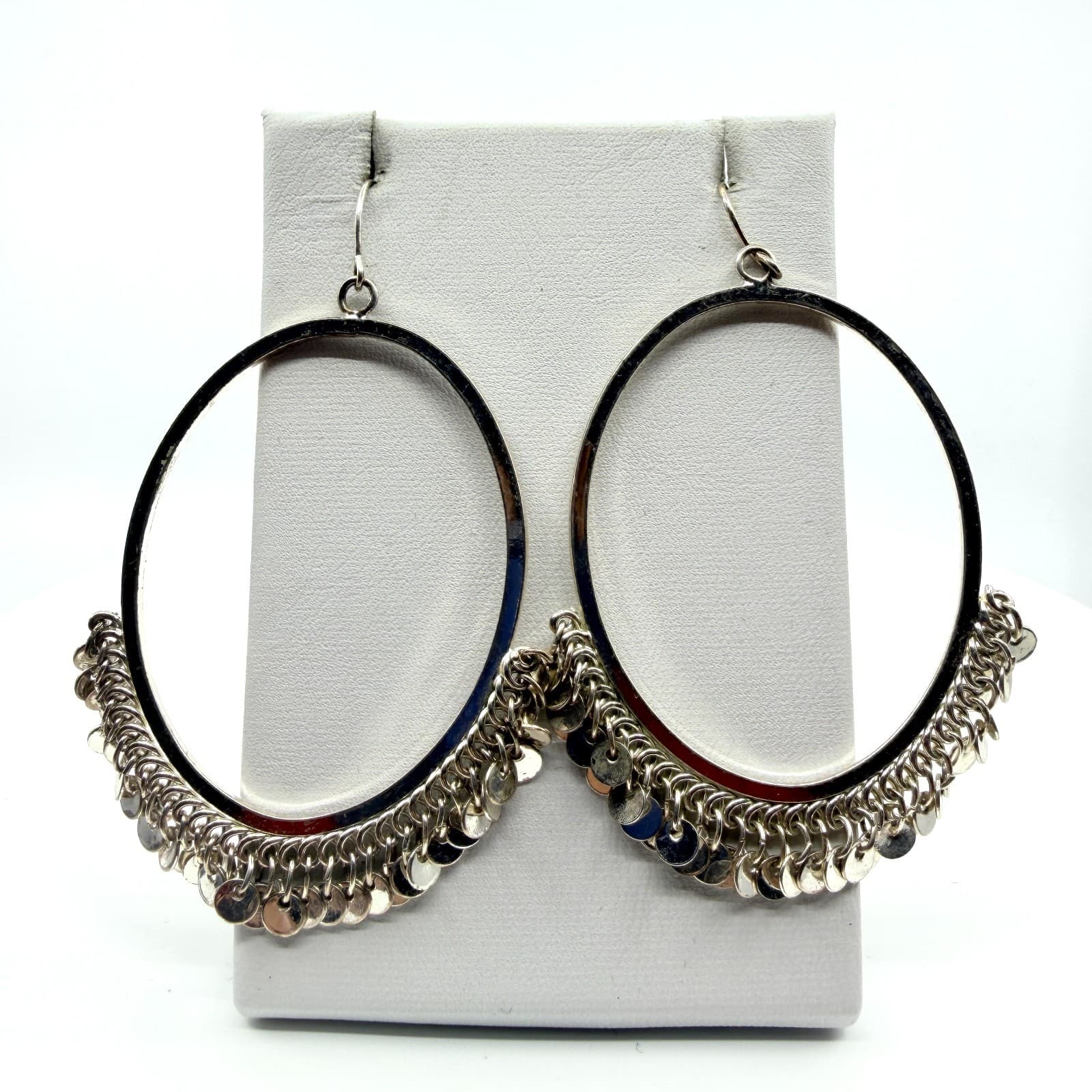 Vintage Silver Tone Large Hoop Earrings Dangle Coin Shimmer Fringe Statement 90s