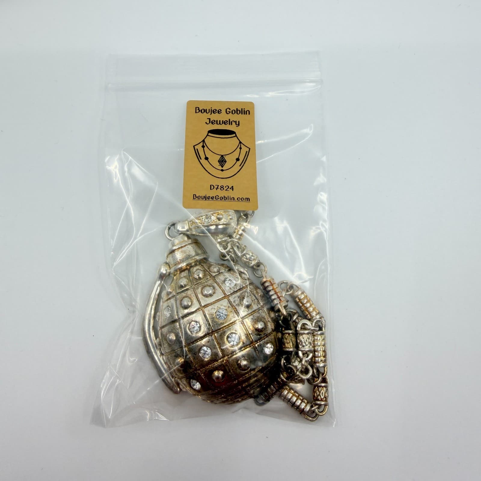 Vintage Silver Gold Tone Textured Pineapple Pendant Necklace Rhinestone Punk 90s - Thumbnail 9