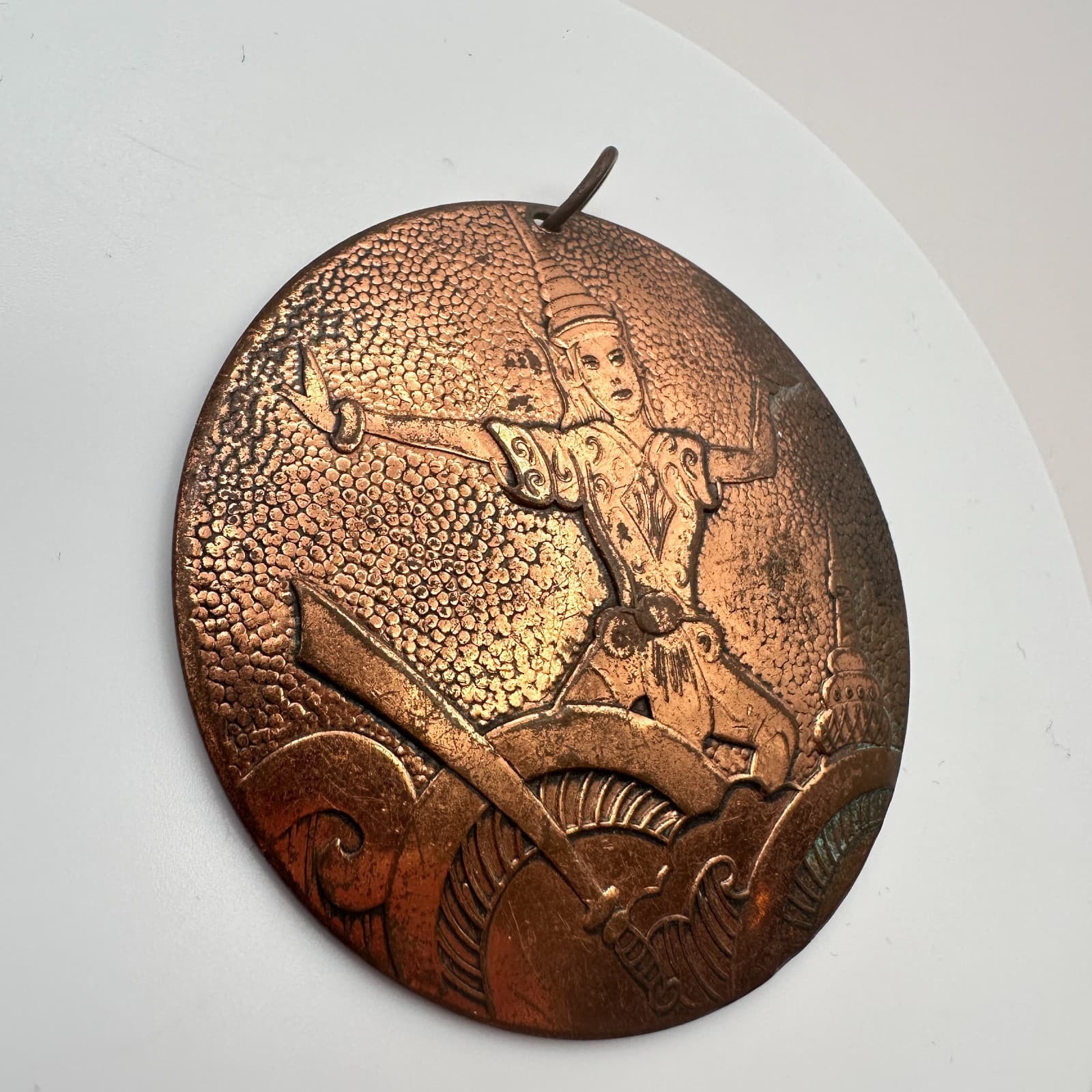 Vintage Y2K Copper Tone Siamese Dancer Apsara Round Pendant Unisex Jewelry - Thumbnail 4