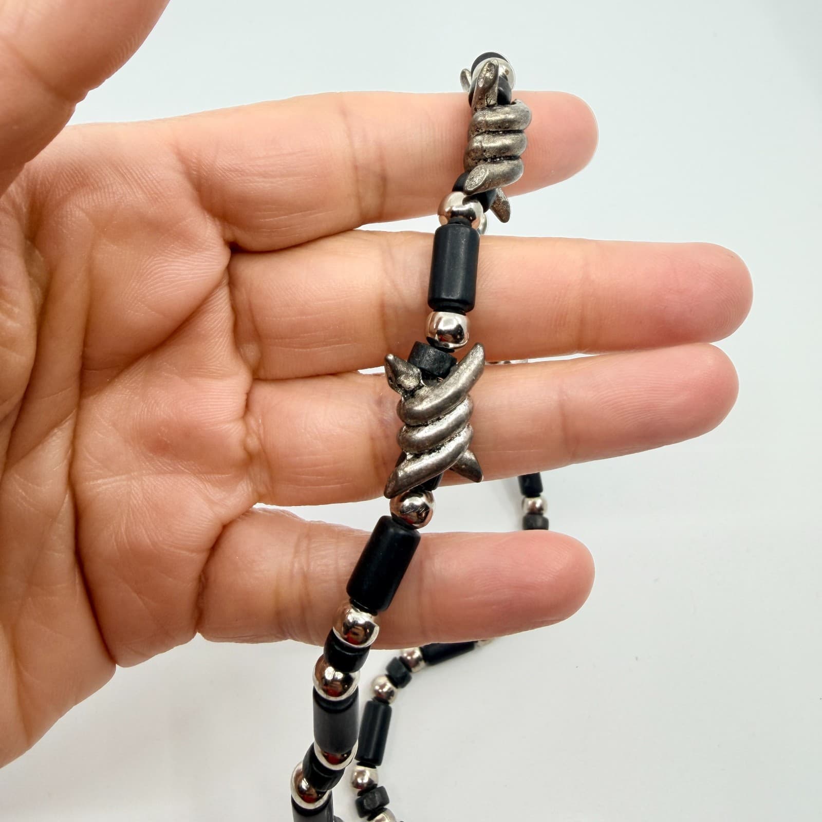Vintage Silver Tone Barbed Wire Accent Necklace Black Tube Bead Chunky Goth Boho - Thumbnail 8