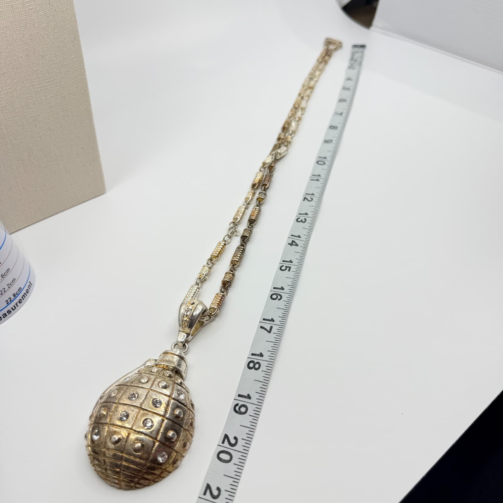 Vintage Silver Gold Tone Textured Pineapple Pendant Necklace Rhinestone Punk 90s - Thumbnail 8