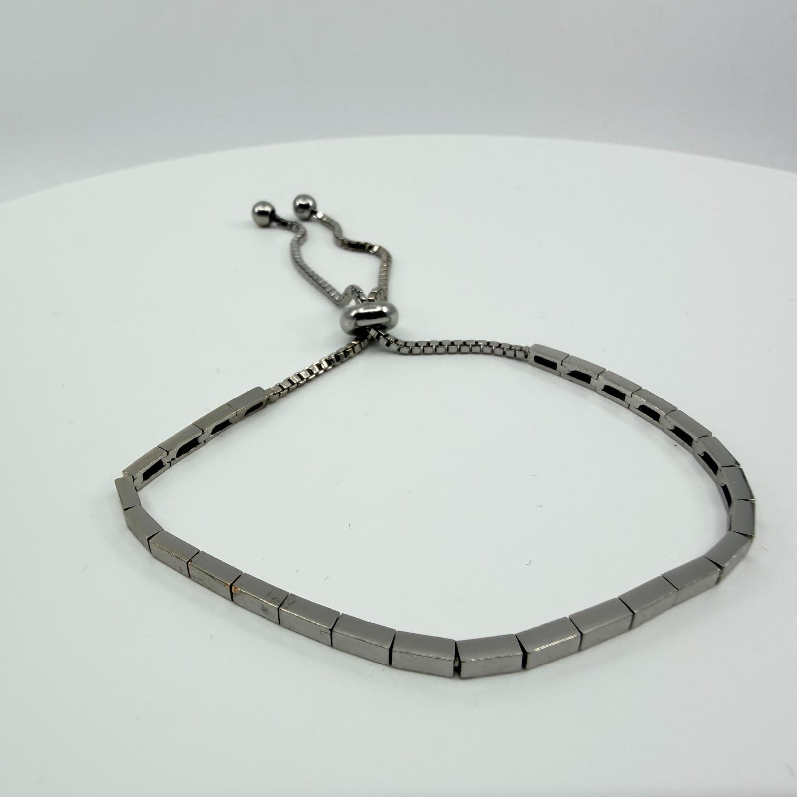 Vintage Gunmetal Tone Box Chain Bolo Bracelet Square Bar Adjustable Minimalist - Thumbnail 3