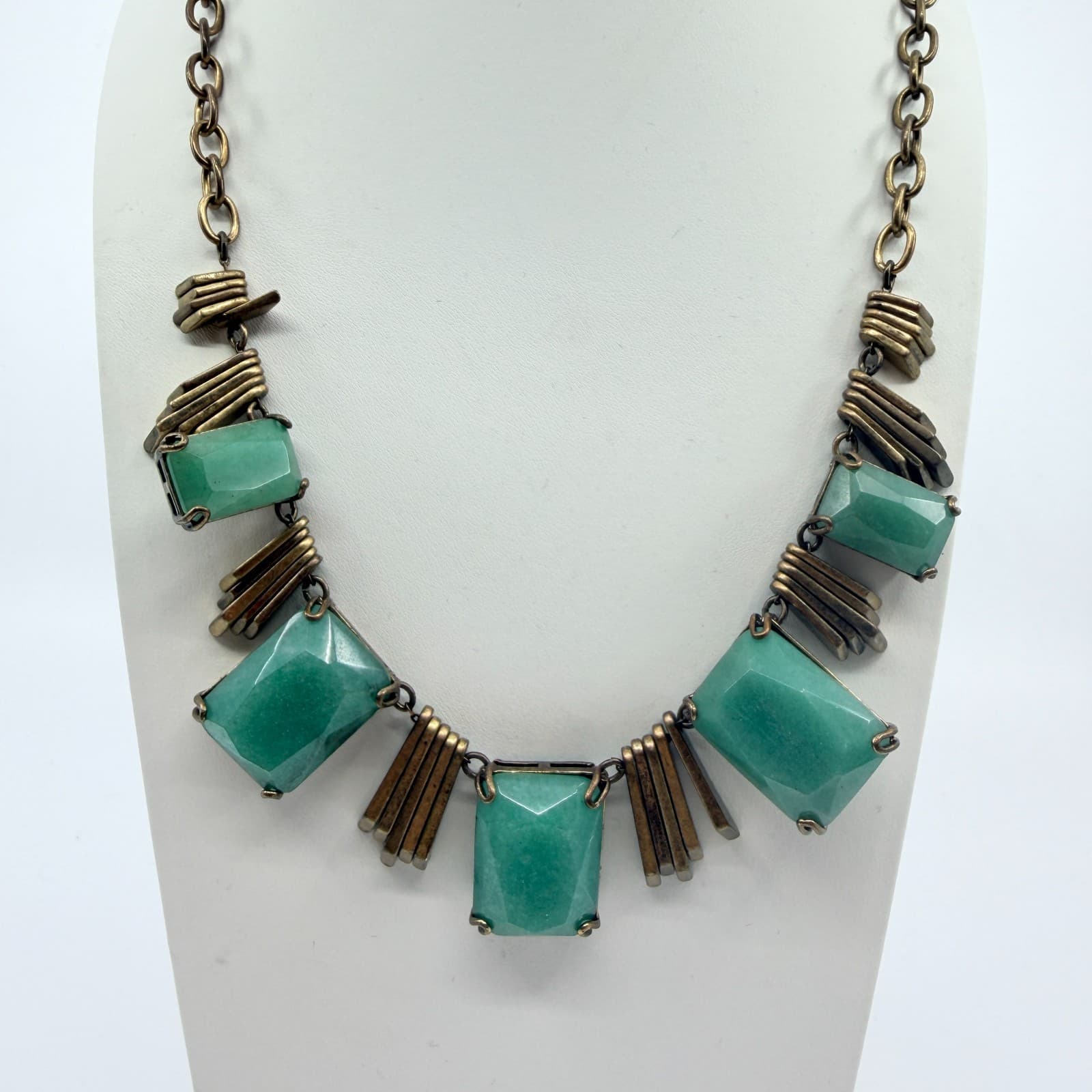 Vintage Brass Tone Geometric Bib Necklace Faux Jade Green Faceted Stone Boho 90s - Thumbnail 7