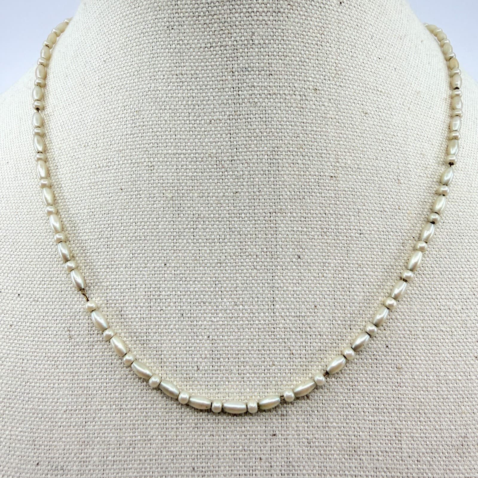 Vintage Faux Pearl Strand Necklace Rice Bead Bar Cream Off White Classic Retro
