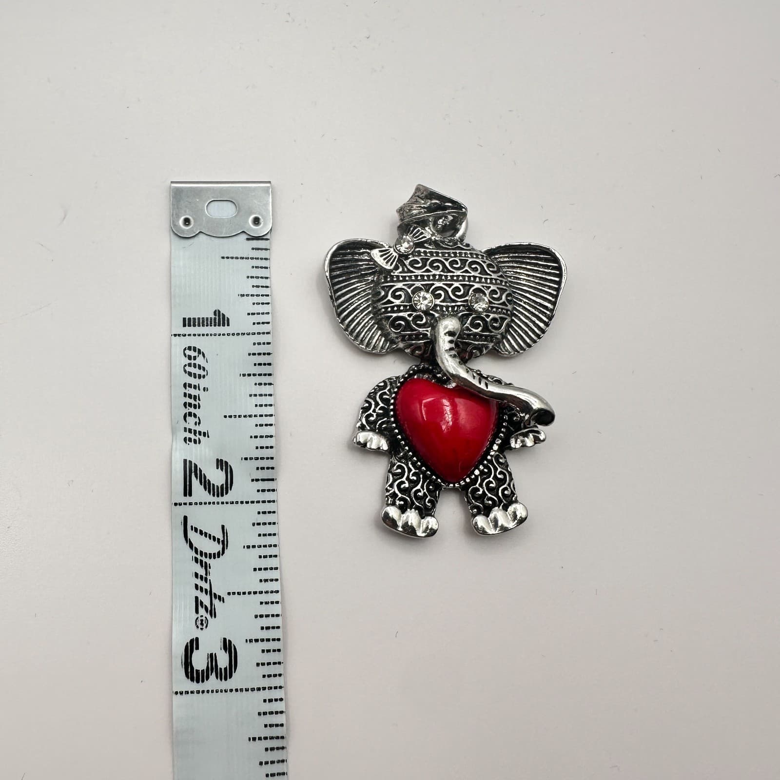 Vintage 90s Silver Tone Elephant Red Heart Rhinestone Pendant Women's Jewelry - Thumbnail 7