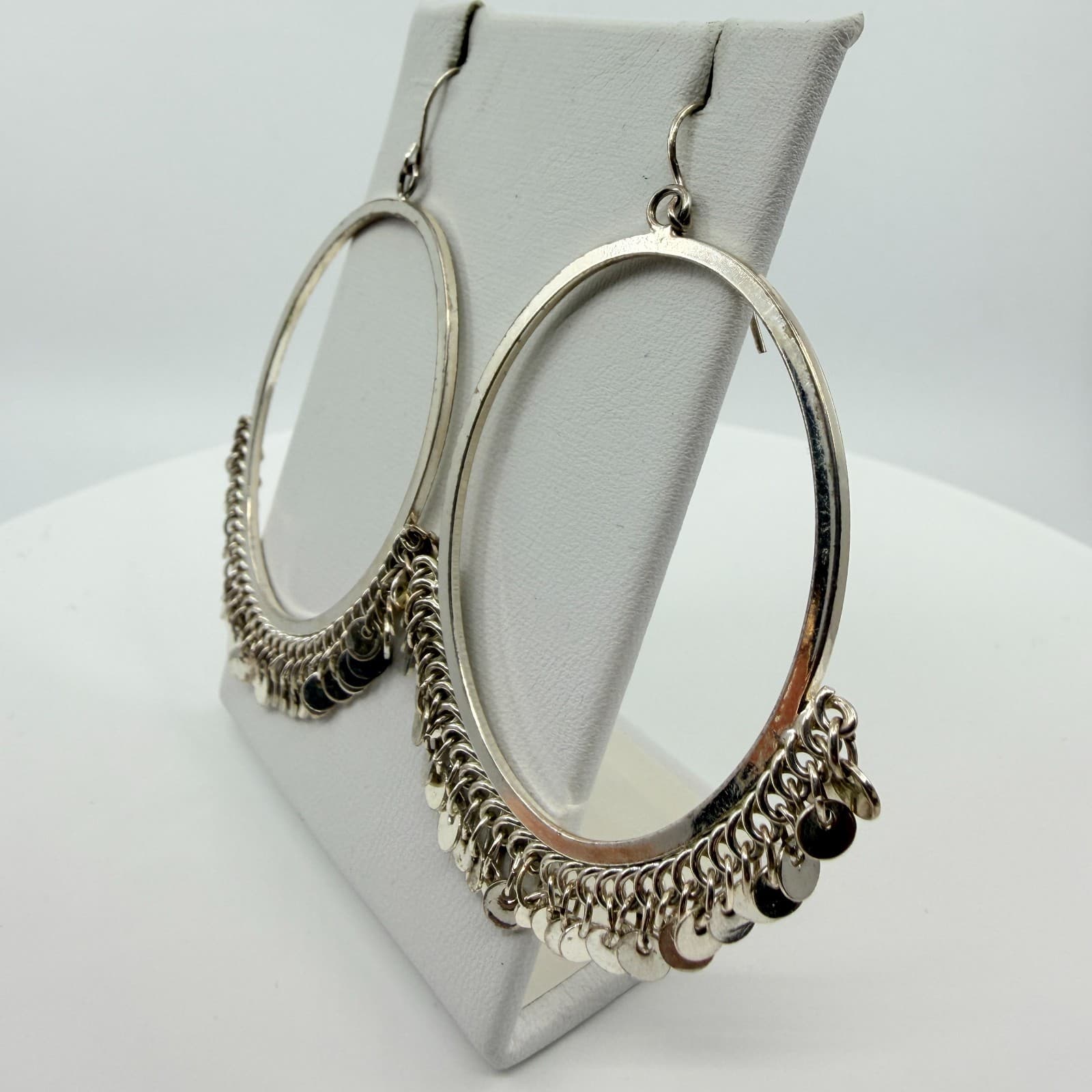 Vintage Silver Tone Large Hoop Earrings Dangle Coin Shimmer Fringe Statement 90s - Thumbnail 5