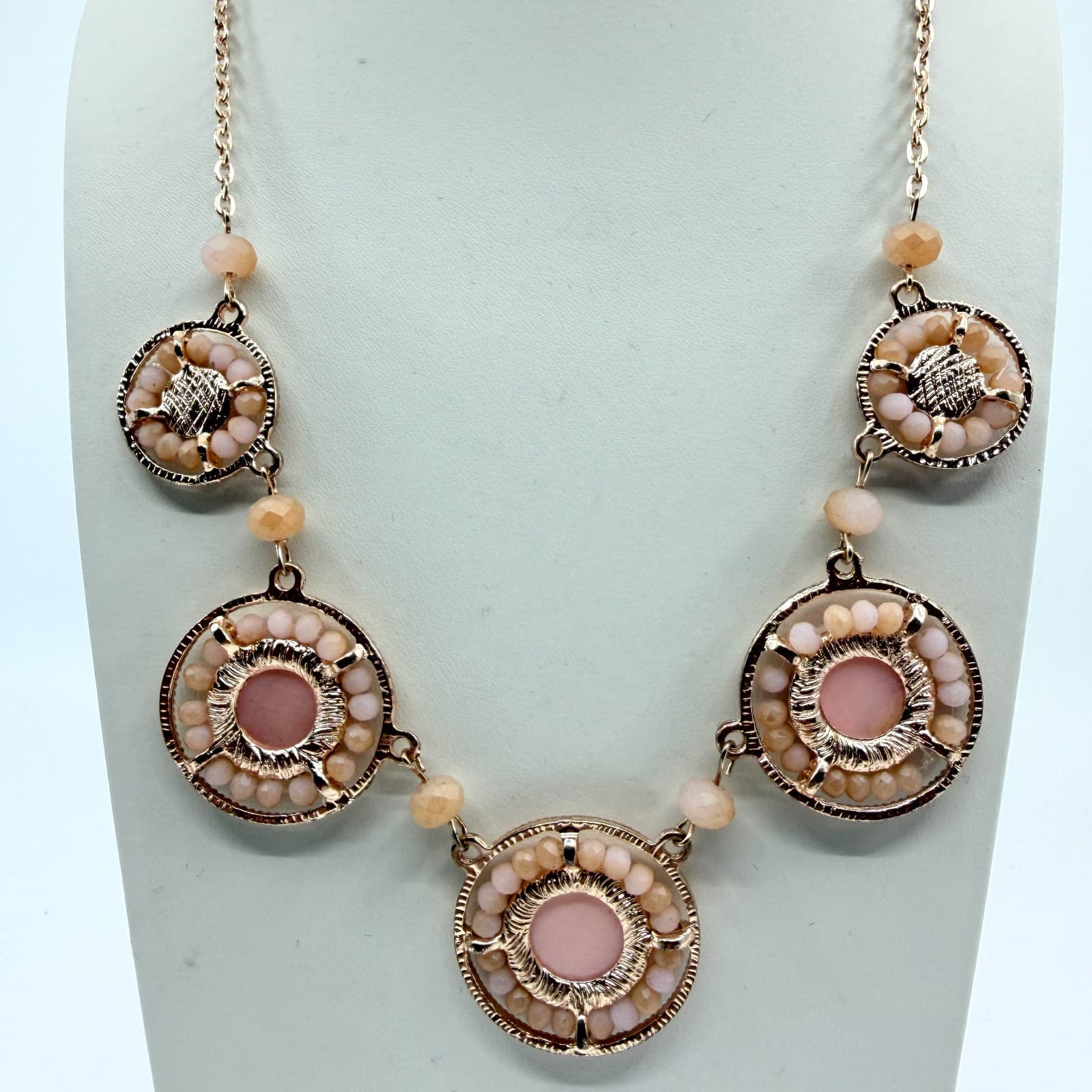 Vintage Gold Tone Medallion Bib Necklace Peach Pink Beaded Round Disc Statement