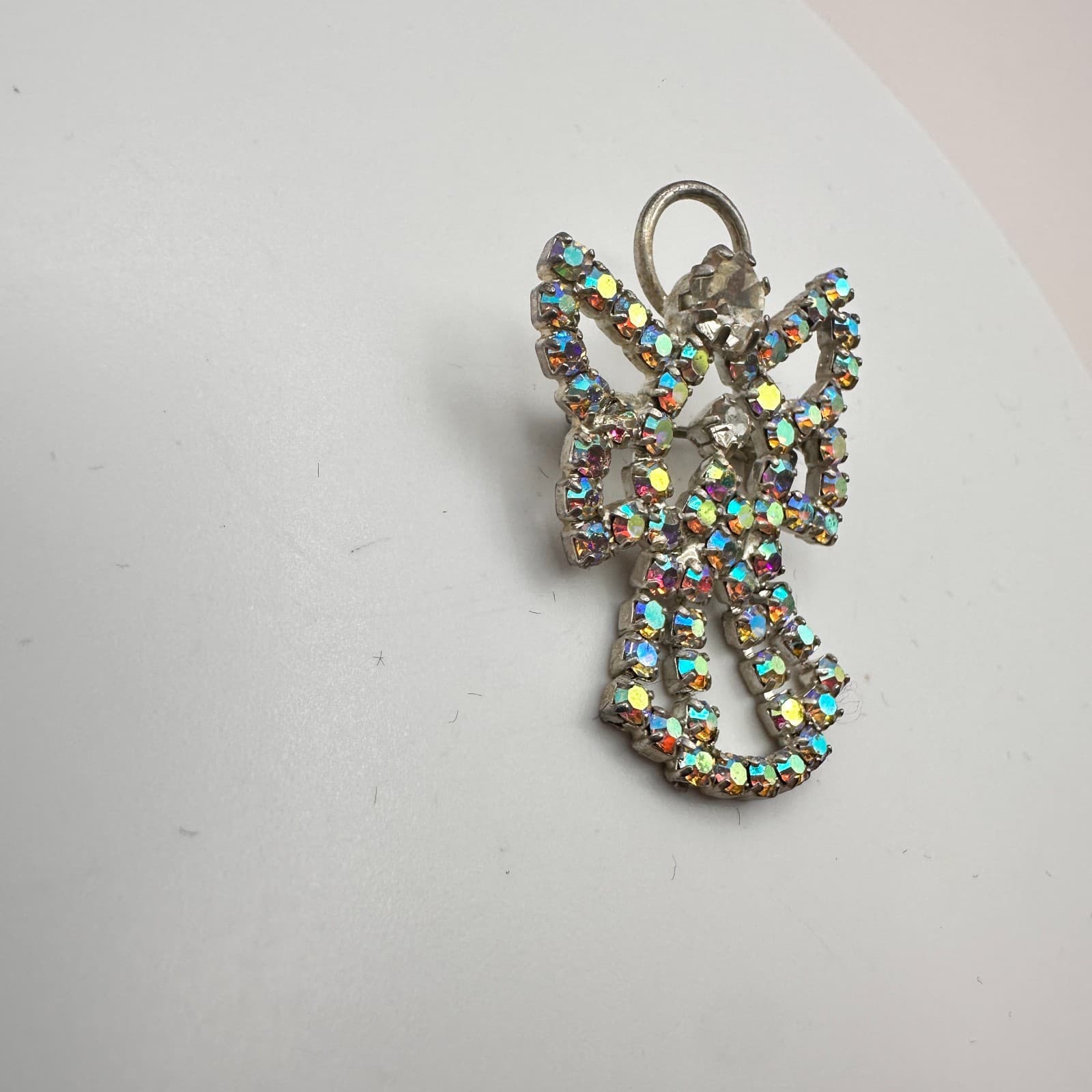 Vintage 90s Silver Tone Angel Brooch Pin Aurora Borealis Glass Fashion Jewelry - Thumbnail 5