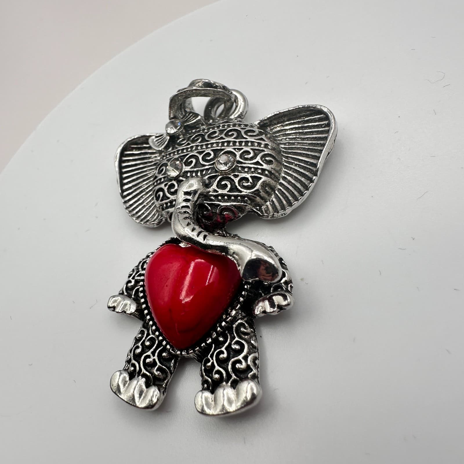 Vintage 90s Silver Tone Elephant Red Heart Rhinestone Pendant Women's Jewelry - Thumbnail 5