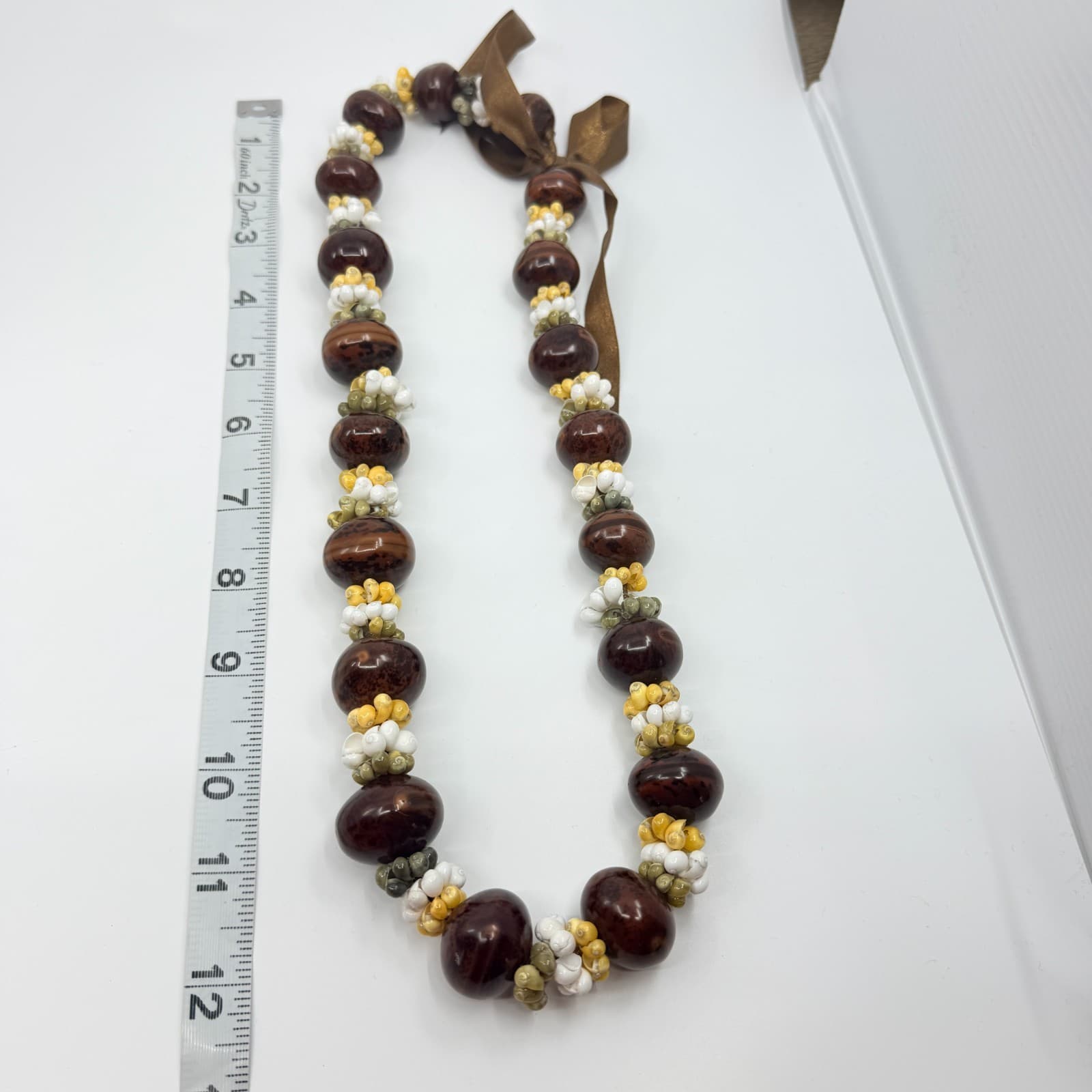 Vintage Chunky Brown Marbled Acrylic Bead Necklace Faux Shell Cluster Strand 90s - Thumbnail 8