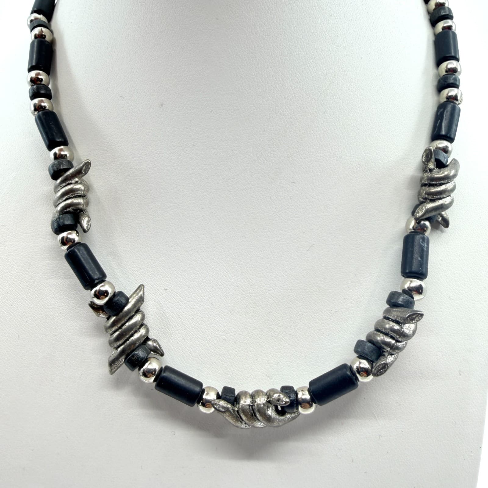 Vintage Silver Tone Barbed Wire Accent Necklace Black Tube Bead Chunky Goth Boho