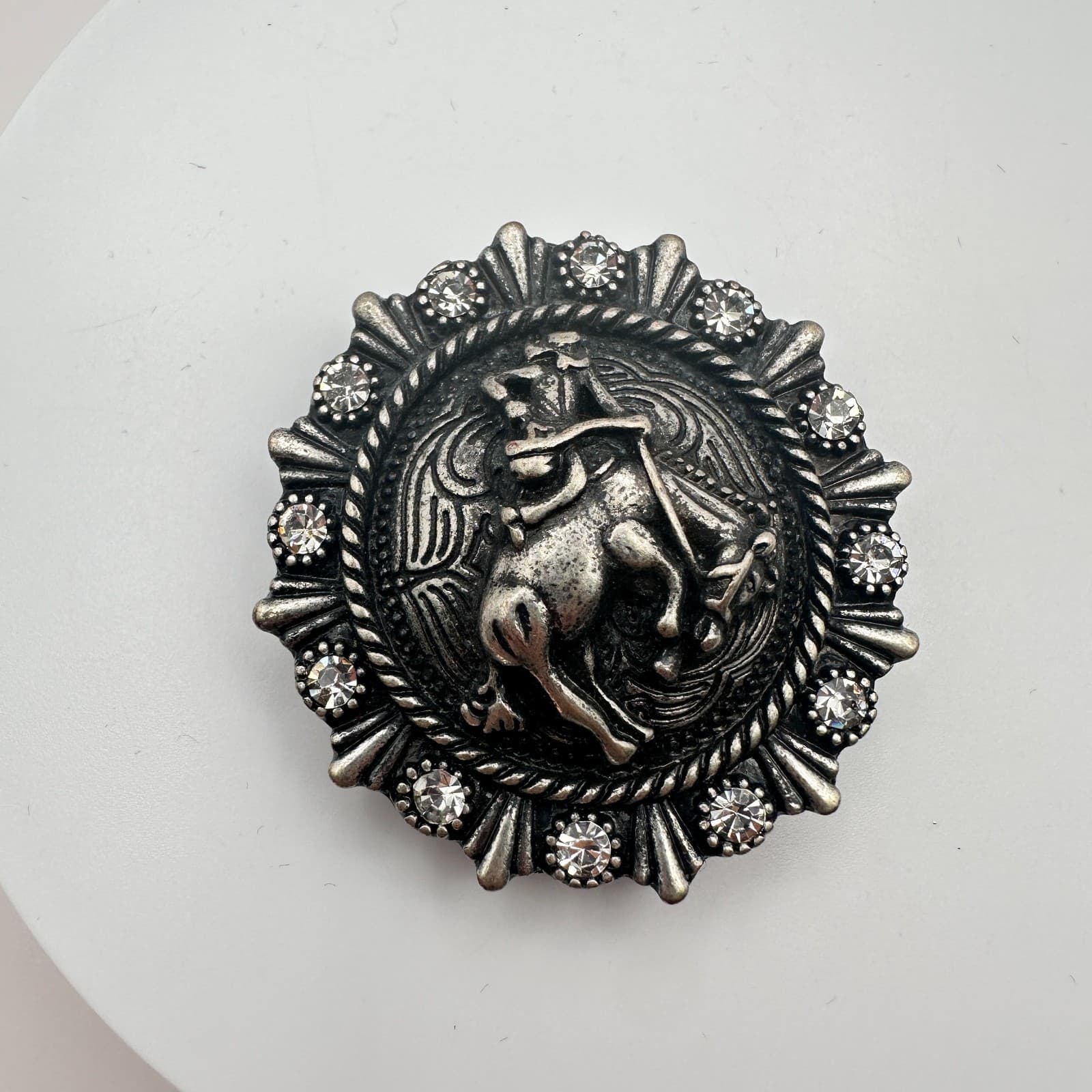 Vintage 90s Silver Tone Cowboy Rider Rhinestone Brooch Pin Classic Jewelry - Thumbnail 4