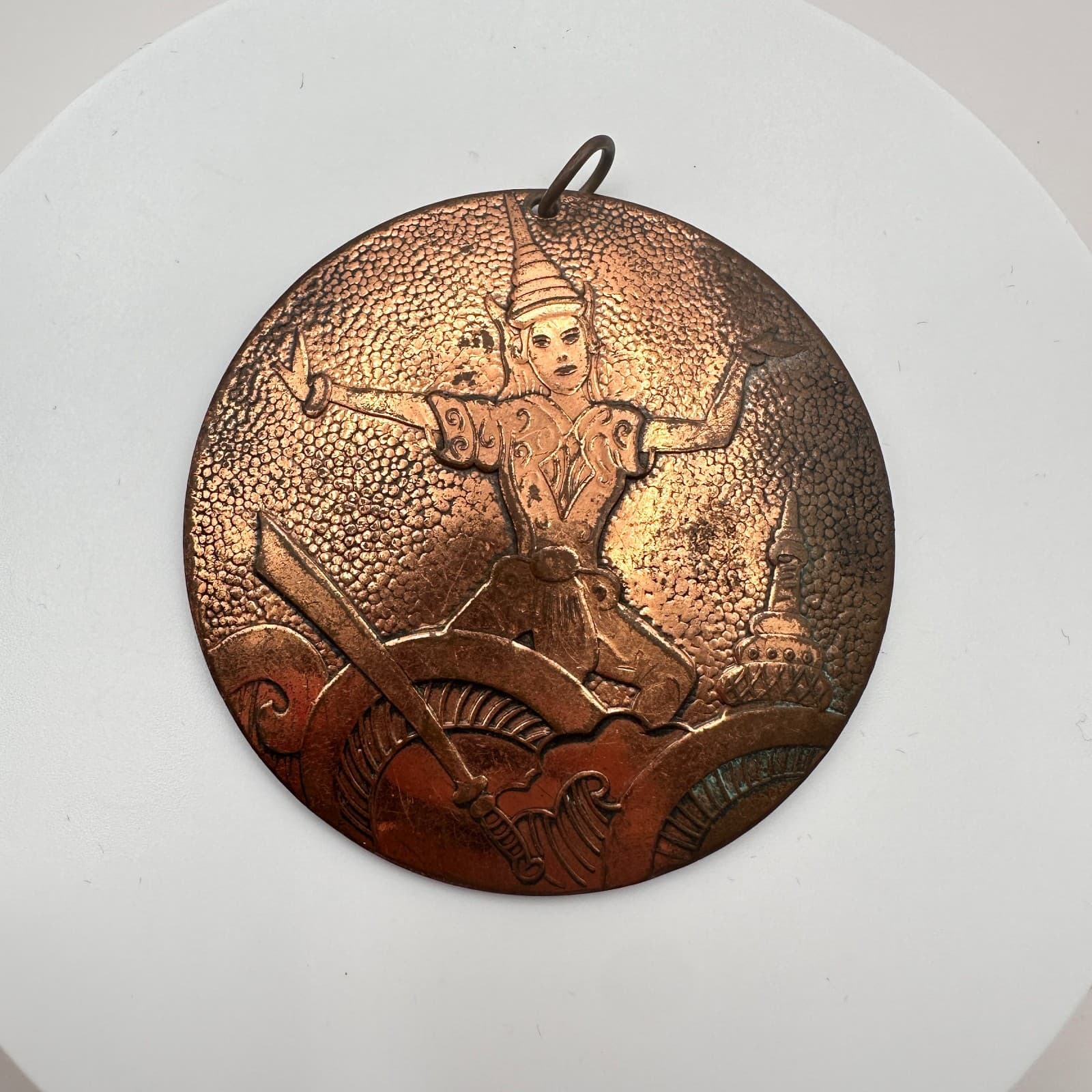 Vintage Y2K Copper Tone Siamese Dancer Apsara Round Pendant Unisex Jewelry