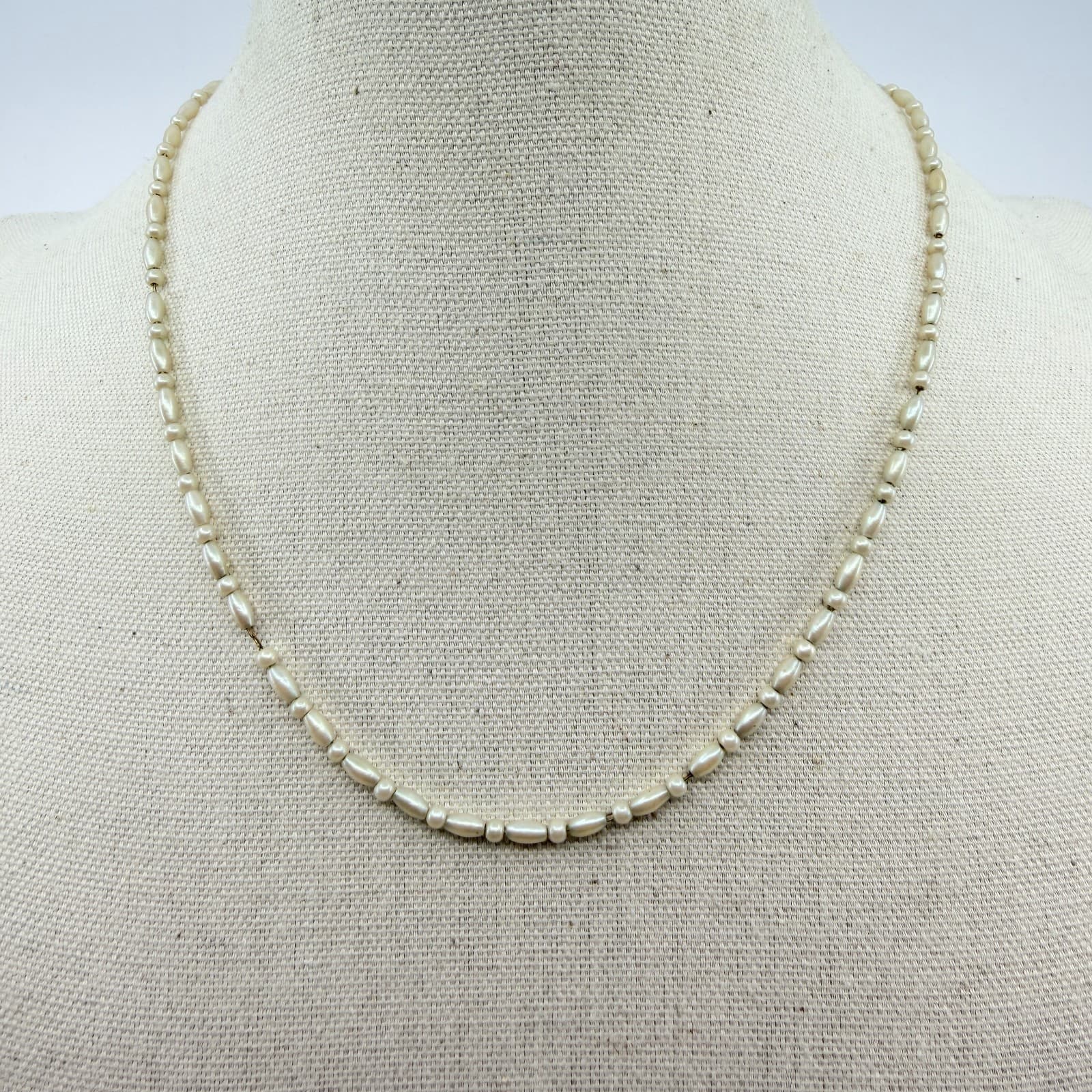 Vintage Faux Pearl Strand Necklace Rice Bead Bar Cream Off White Classic Retro - Thumbnail 6