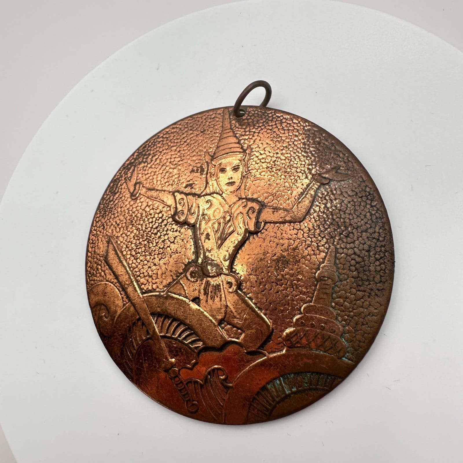 Vintage Y2K Copper Tone Siamese Dancer Apsara Round Pendant Unisex Jewelry - Thumbnail 5