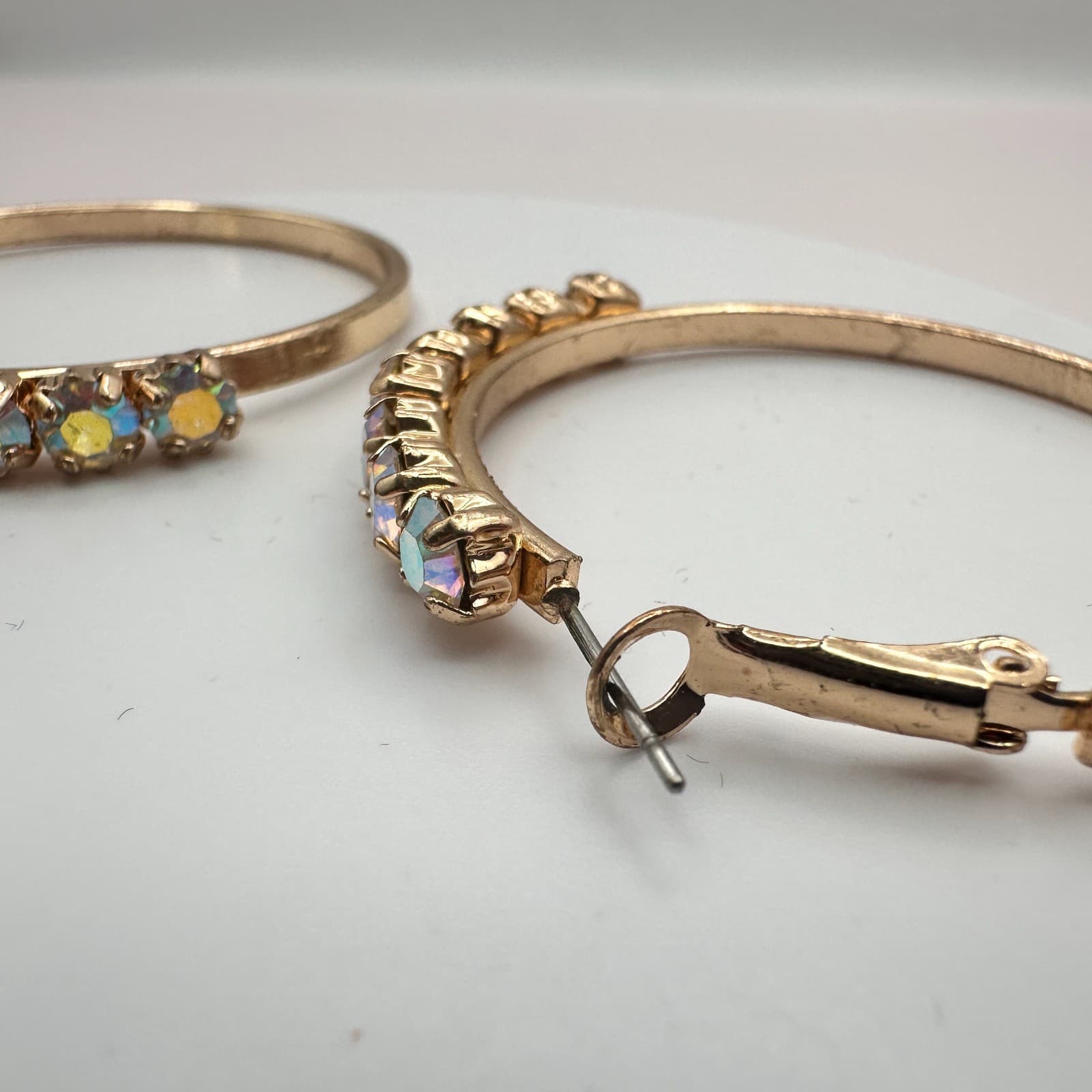 Vintage 90s Gold Tone Hoop Earrings Aurora Borealis Glass Boho Fashion Jewelry - Thumbnail 5