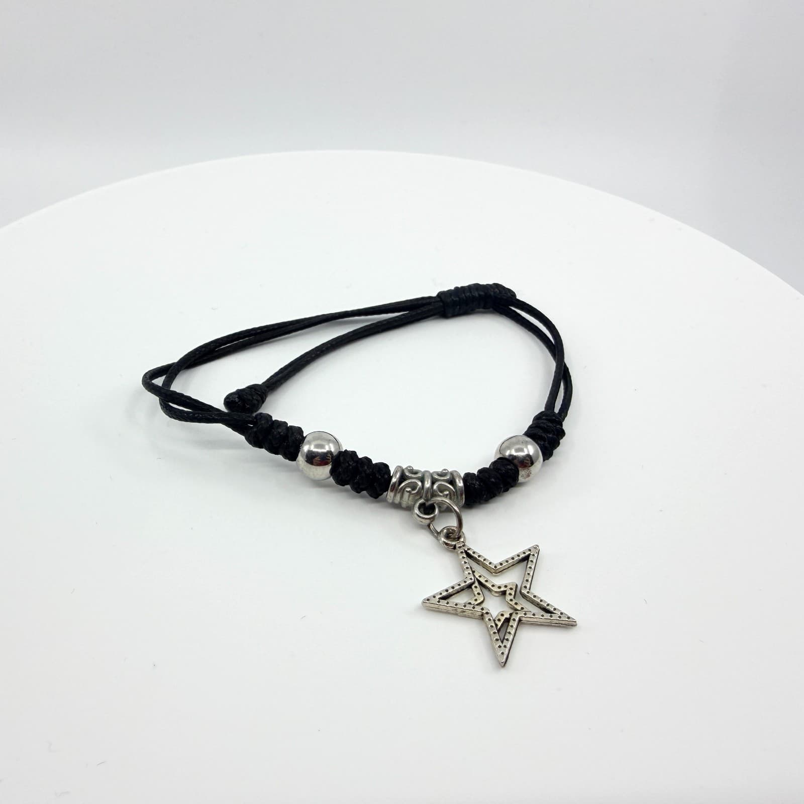Vintage Silver Tone Star Charm Bracelet Black Braided Cord Knotted Adjustable