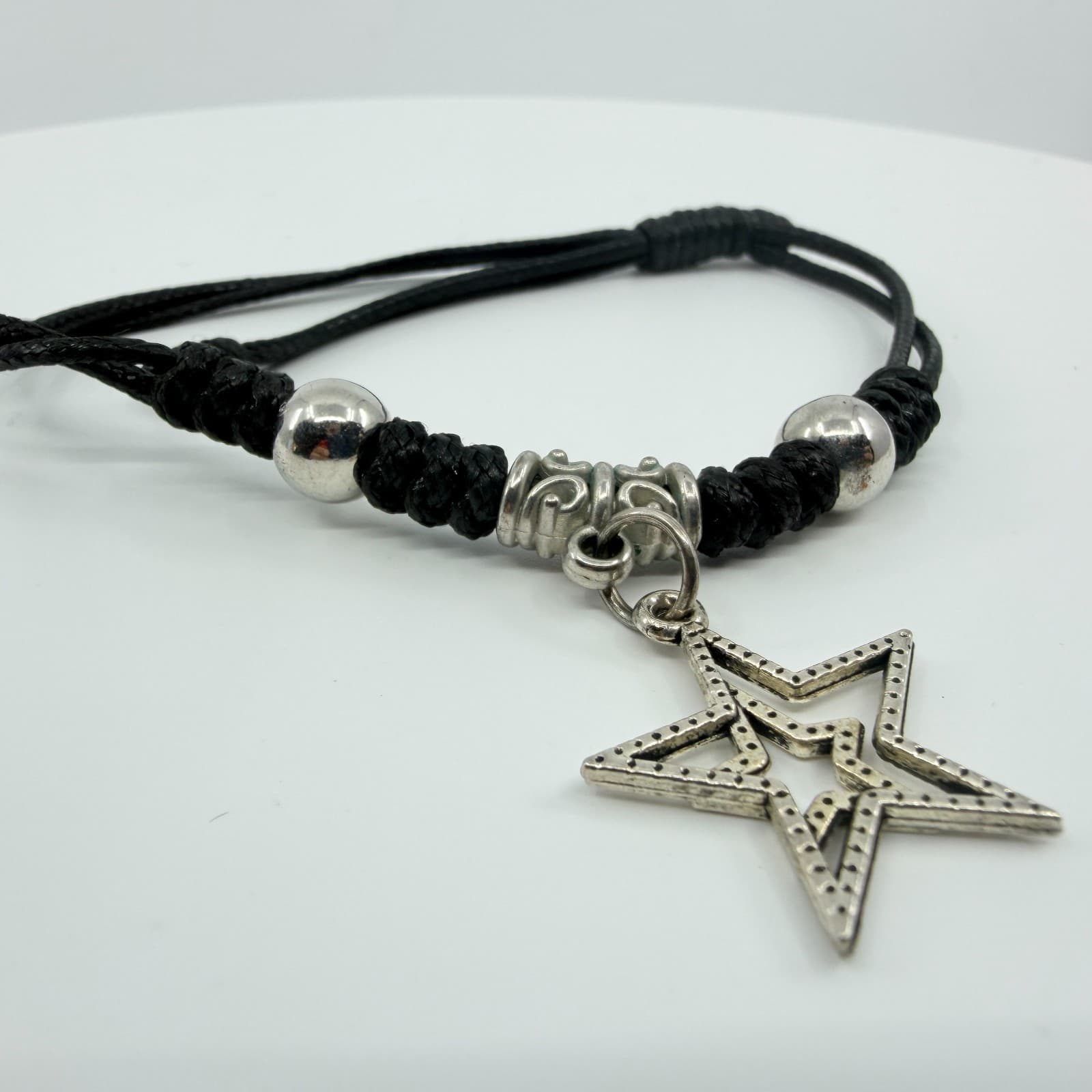 Vintage Silver Tone Star Charm Bracelet Black Braided Cord Knotted Adjustable - Thumbnail 2