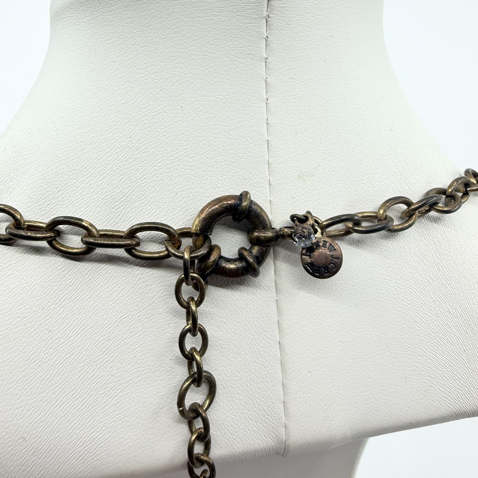 Vintage Brass Tone Geometric Bib Necklace Faux Jade Green Faceted Stone Boho 90s - Thumbnail 6