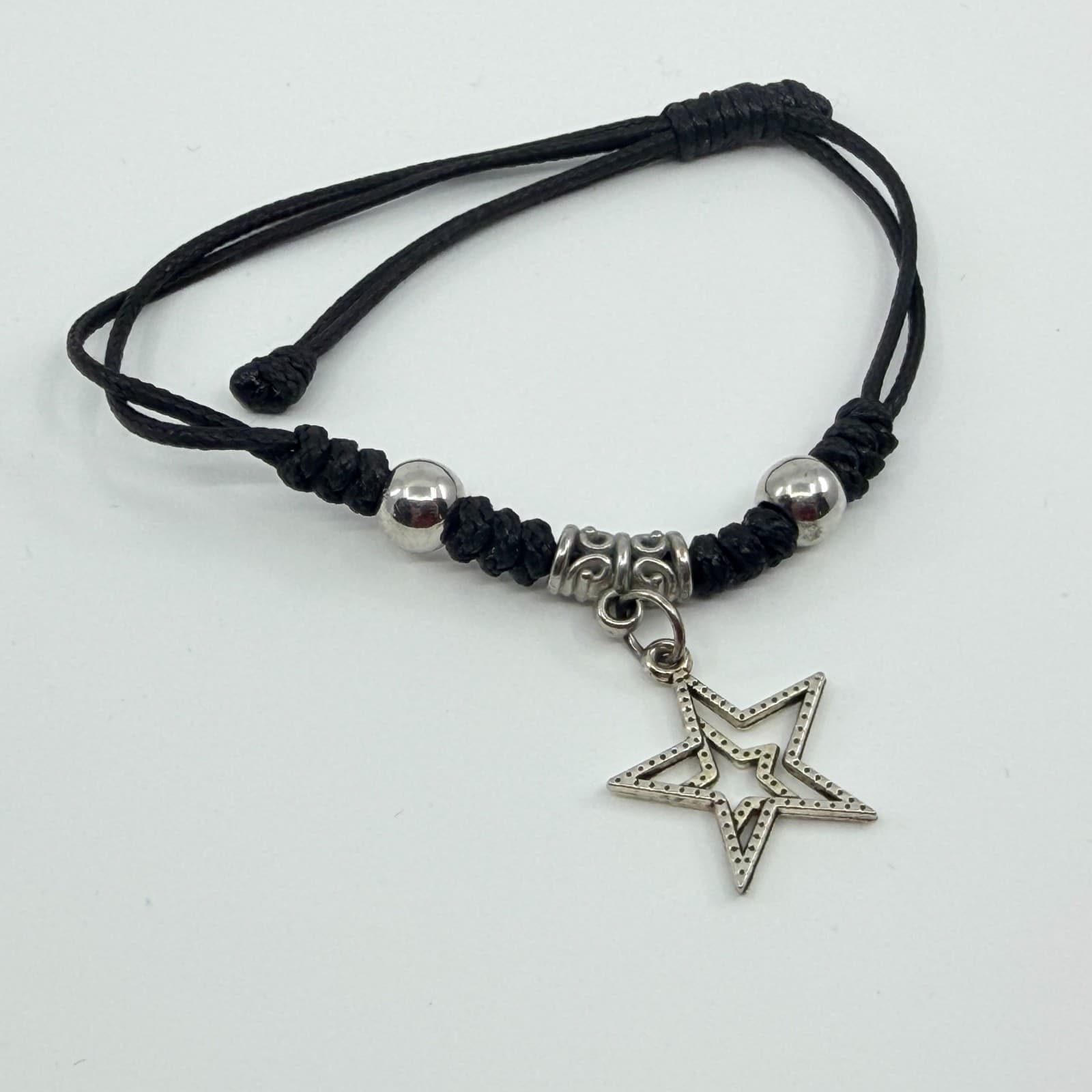 Vintage Silver Tone Star Charm Bracelet Black Braided Cord Knotted Adjustable - Thumbnail 3