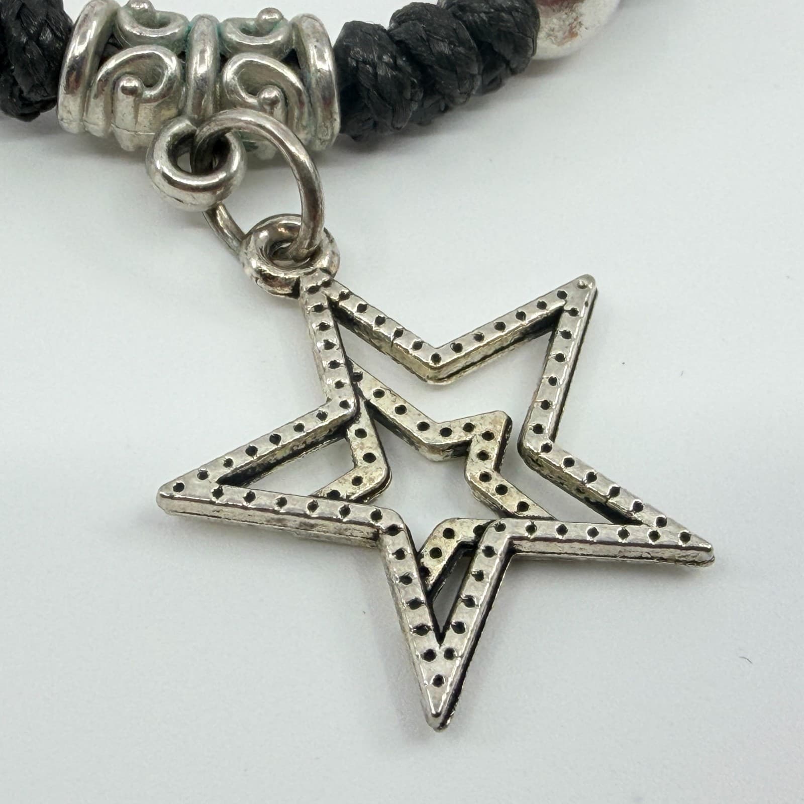 Vintage Silver Tone Star Charm Bracelet Black Braided Cord Knotted Adjustable - Thumbnail 4