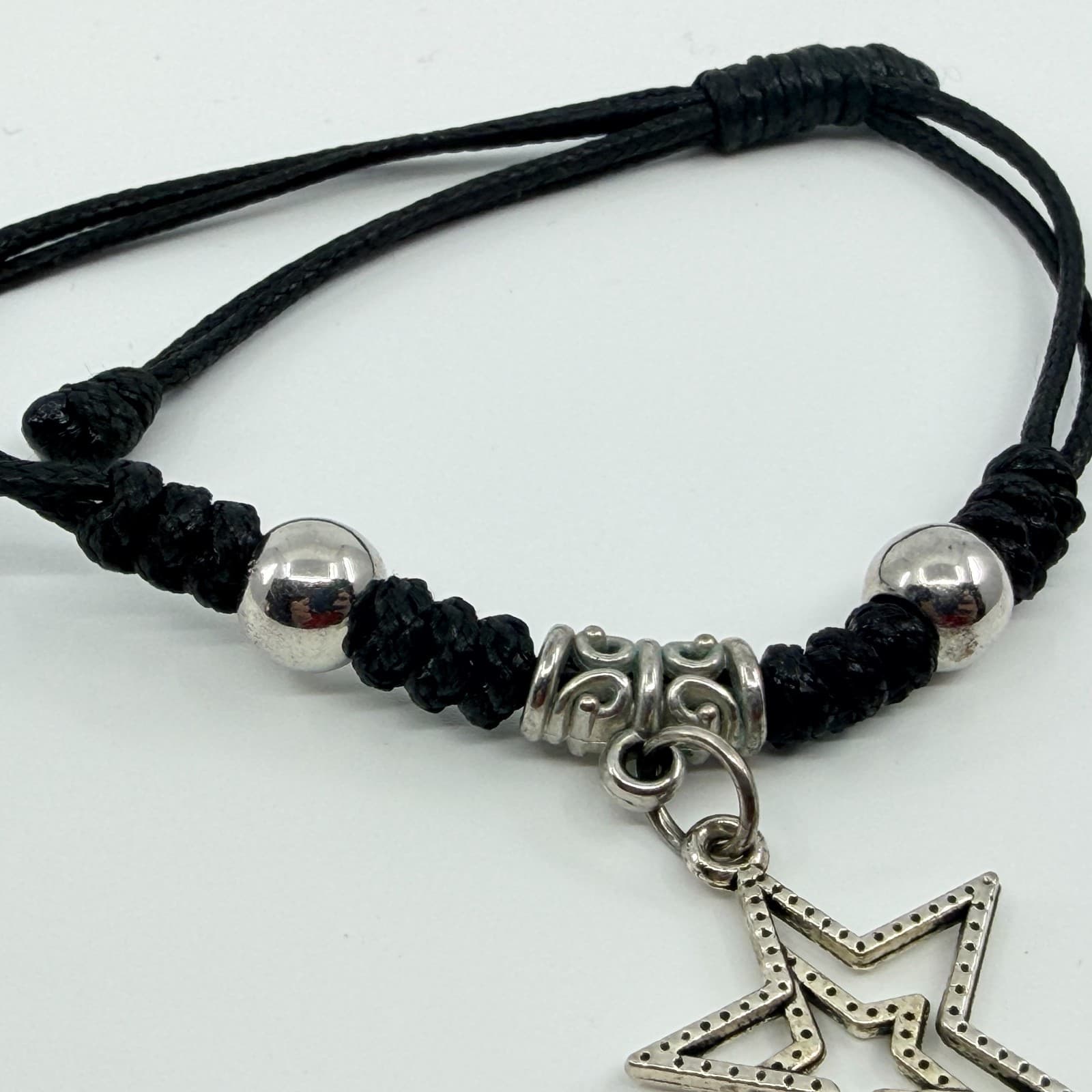 Vintage Silver Tone Star Charm Bracelet Black Braided Cord Knotted Adjustable - Thumbnail 5