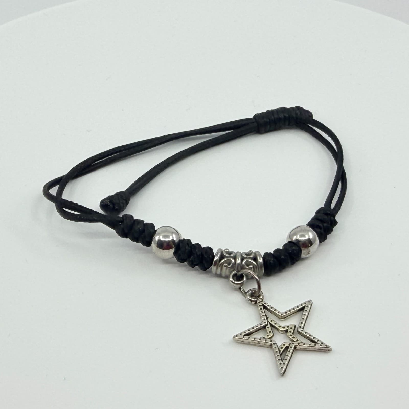 Vintage Silver Tone Star Charm Bracelet Black Braided Cord Knotted Adjustable - Thumbnail 6