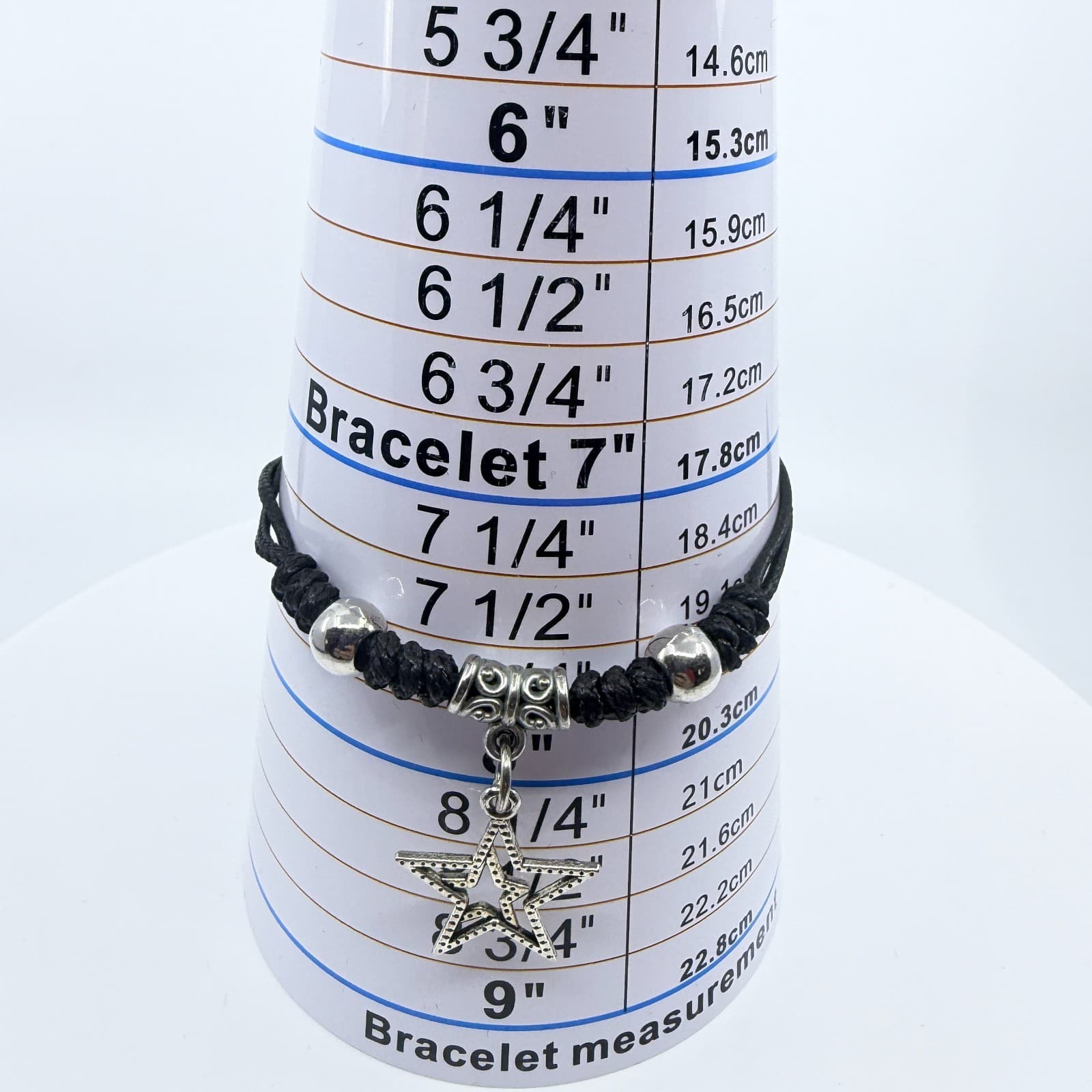 Vintage Silver Tone Star Charm Bracelet Black Braided Cord Knotted Adjustable - Thumbnail 8