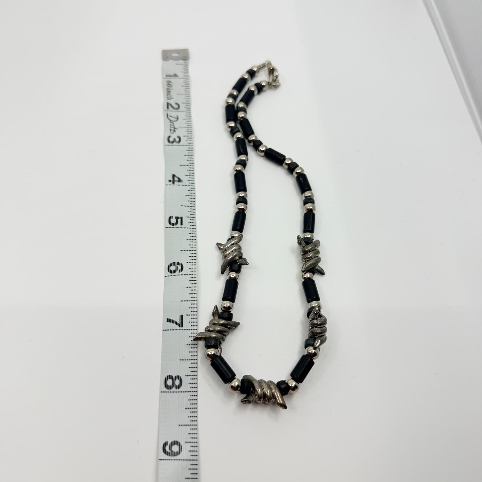 Vintage Silver Tone Barbed Wire Accent Necklace Black Tube Bead Chunky Goth Boho - Thumbnail 9
