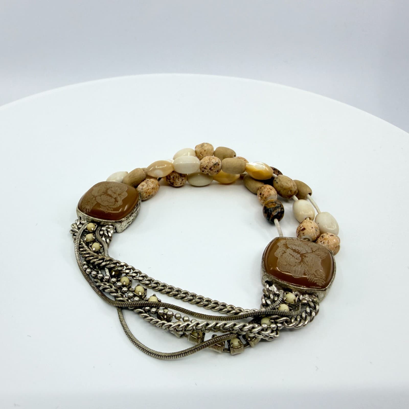 Vintage Silver Tone Multi Strand Bracelet Brown Faux Jasper Stone Carved Cameo