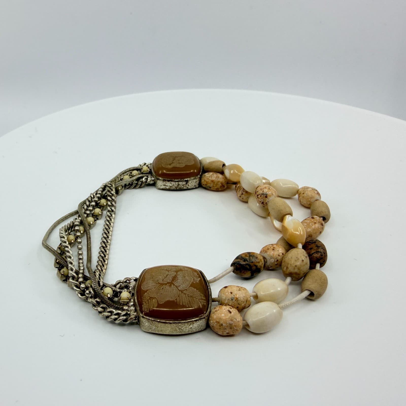Vintage Silver Tone Multi Strand Bracelet Brown Faux Jasper Stone Carved Cameo - Thumbnail 2