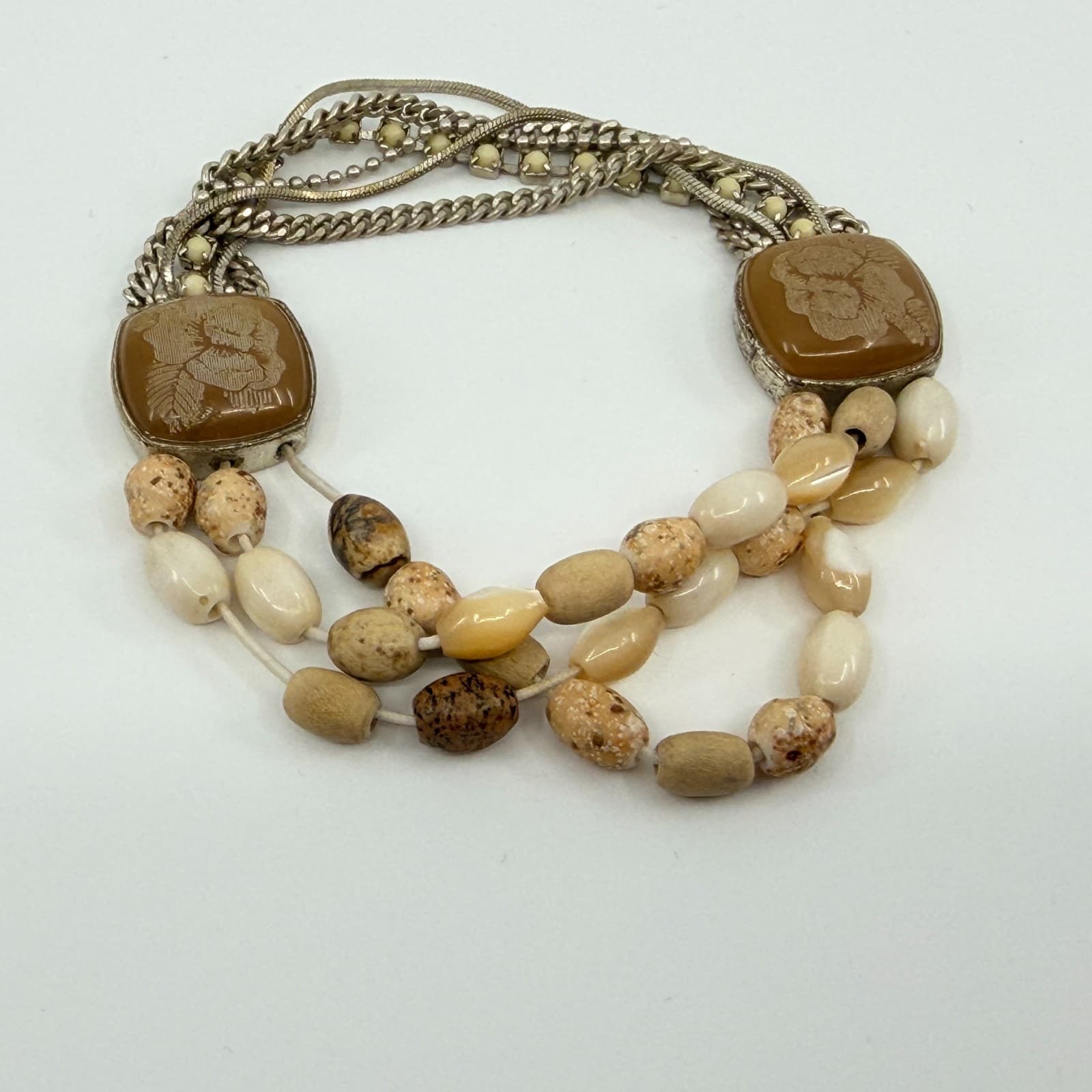 Vintage Silver Tone Multi Strand Bracelet Brown Faux Jasper Stone Carved Cameo - Thumbnail 3